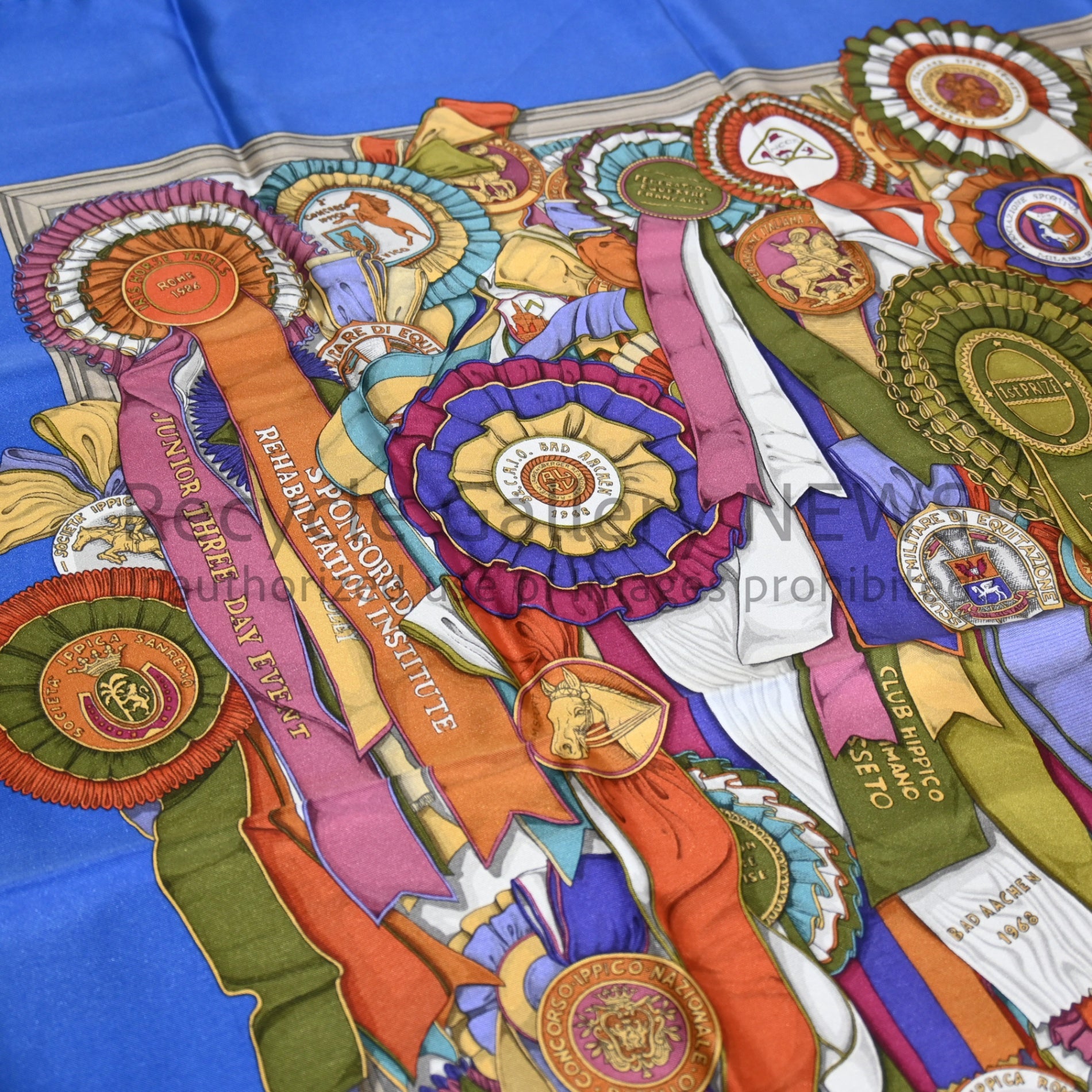 GUCCI Large Scarf Rosette Pattern Silk Medal Ribbon Blue Vintage Gucci / グッチ 大判スカーフ ロゼット柄 シルク 勲章 リボン 青 オールドグッチ