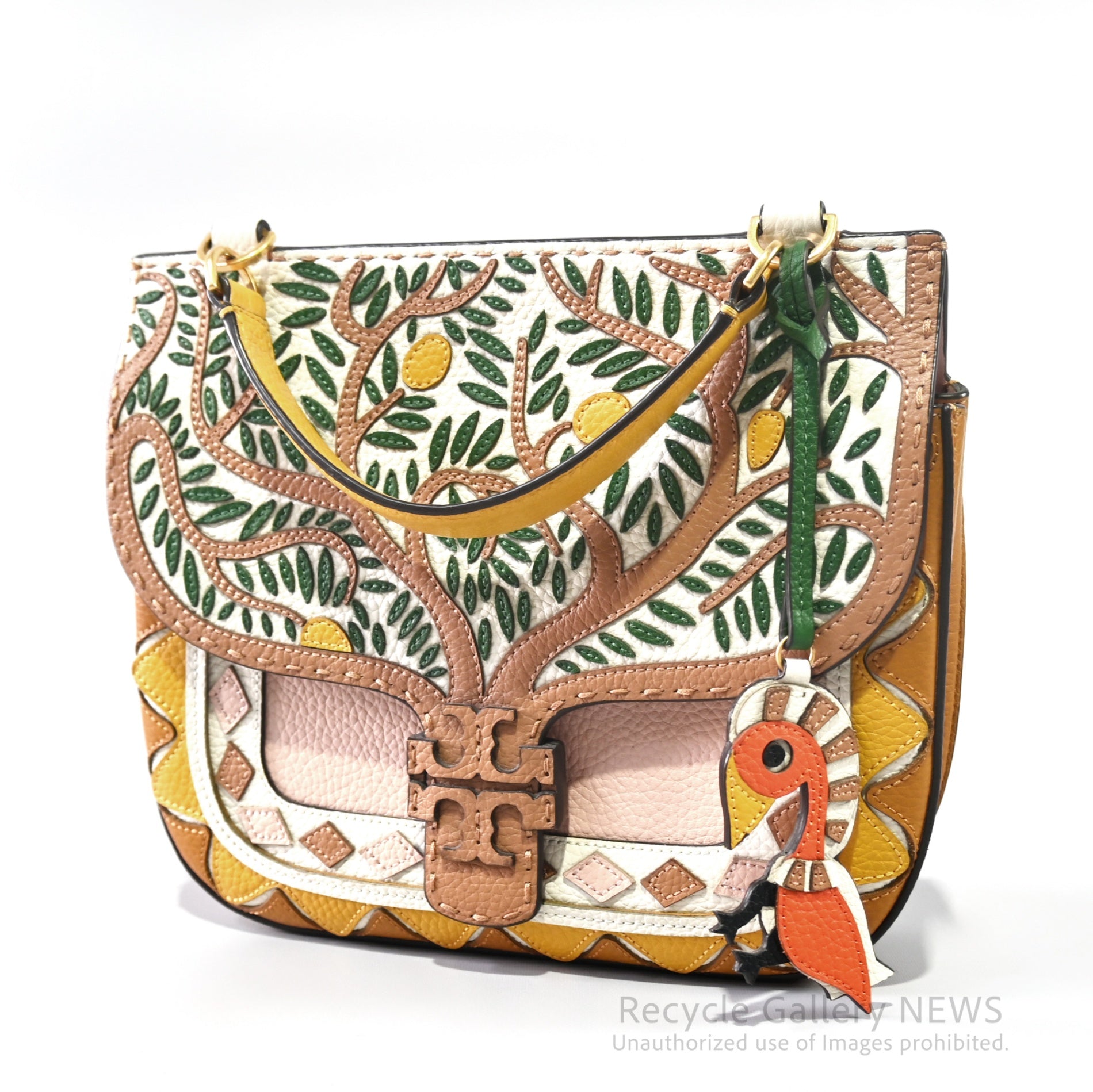 Tory Burch Mcgraw Botanical Appliqué Satchel Leather Bag / トリーバーチ マックグロー サッチェル レザー ハンドバッグ パッチワーク ベージュ ボタニカル