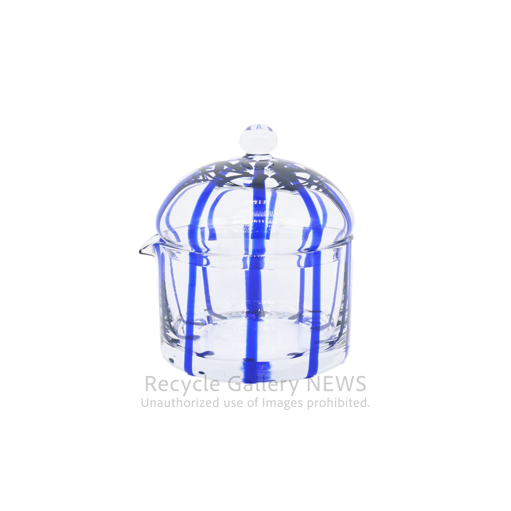 Handcrafted Blue Stripe Glass Candy Pot Trinket Box / ガラス工芸品 ストライプ キャンディポット 小物入れ 青 クリア