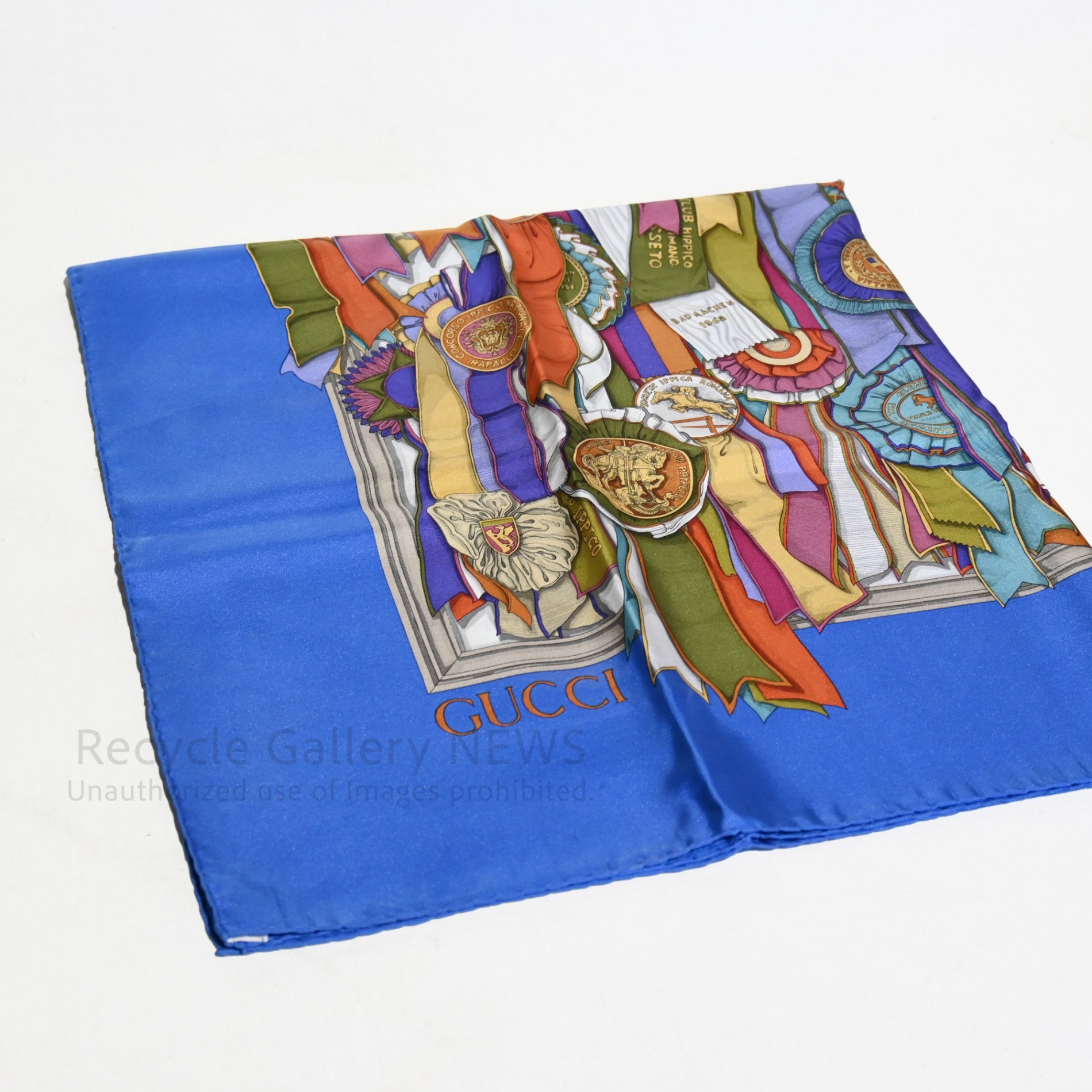 GUCCI Large Scarf Rosette Pattern Silk Medal Ribbon Blue Vintage