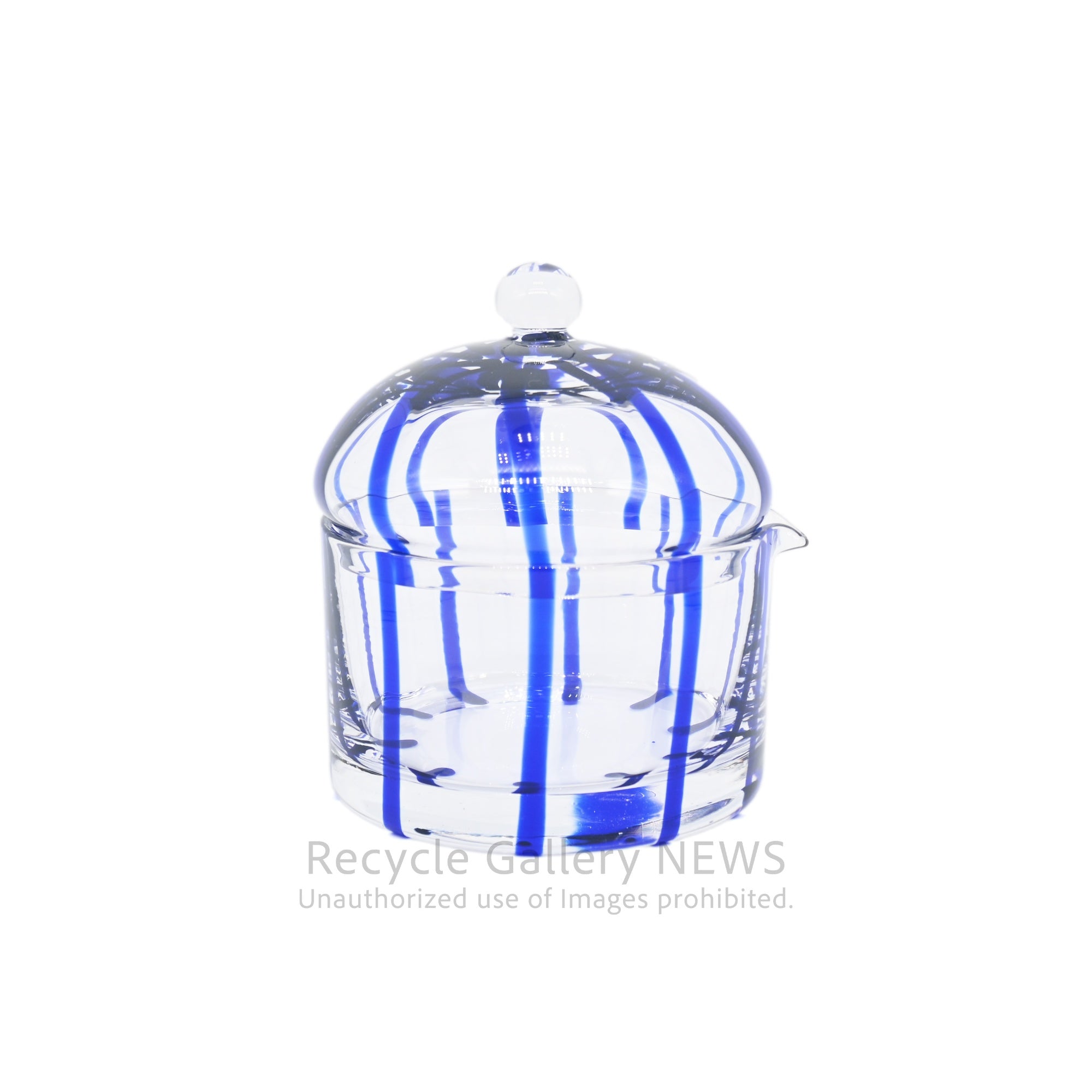 Handcrafted Blue Stripe Glass Candy Pot Trinket Box / ガラス工芸品 ストライプ キャンディポット 小物入れ 青 クリア