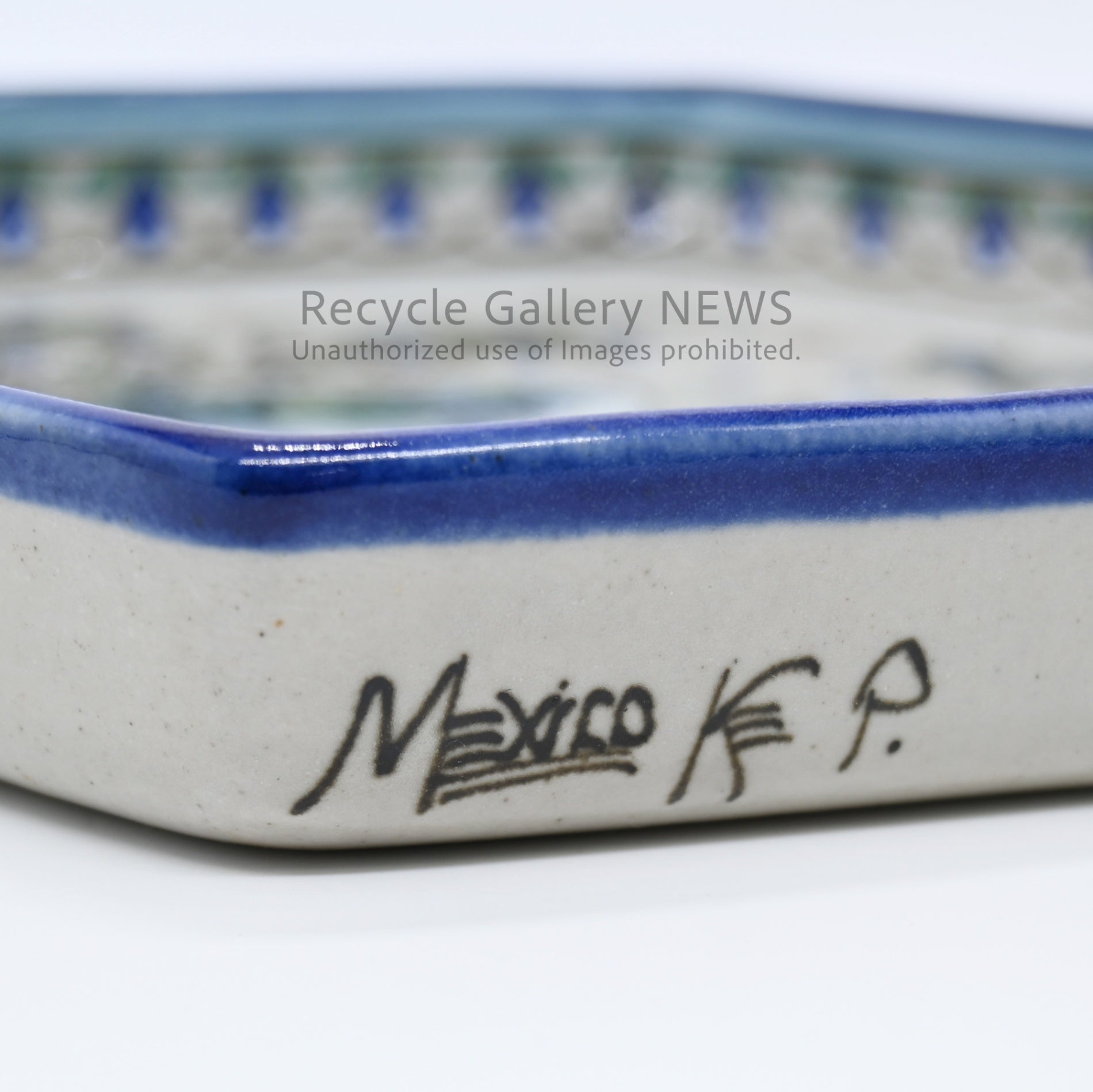 Ken Edwards Mexican Pottery Tonala Ware Blue Hexagonal Plate Bird Motif / ケン・エドワーズ メキシコ陶芸 トナラ焼き 六角形プレート 鳥モチーフ 青