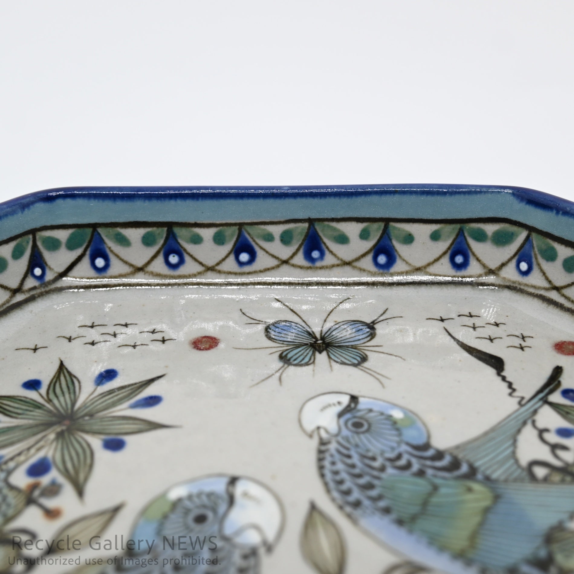Ken Edwards Mexican Pottery Tonala Ware Blue Hexagonal Plate Bird Motif / ケン・エドワーズ メキシコ陶芸 トナラ焼き 六角形プレート 鳥モチーフ 青