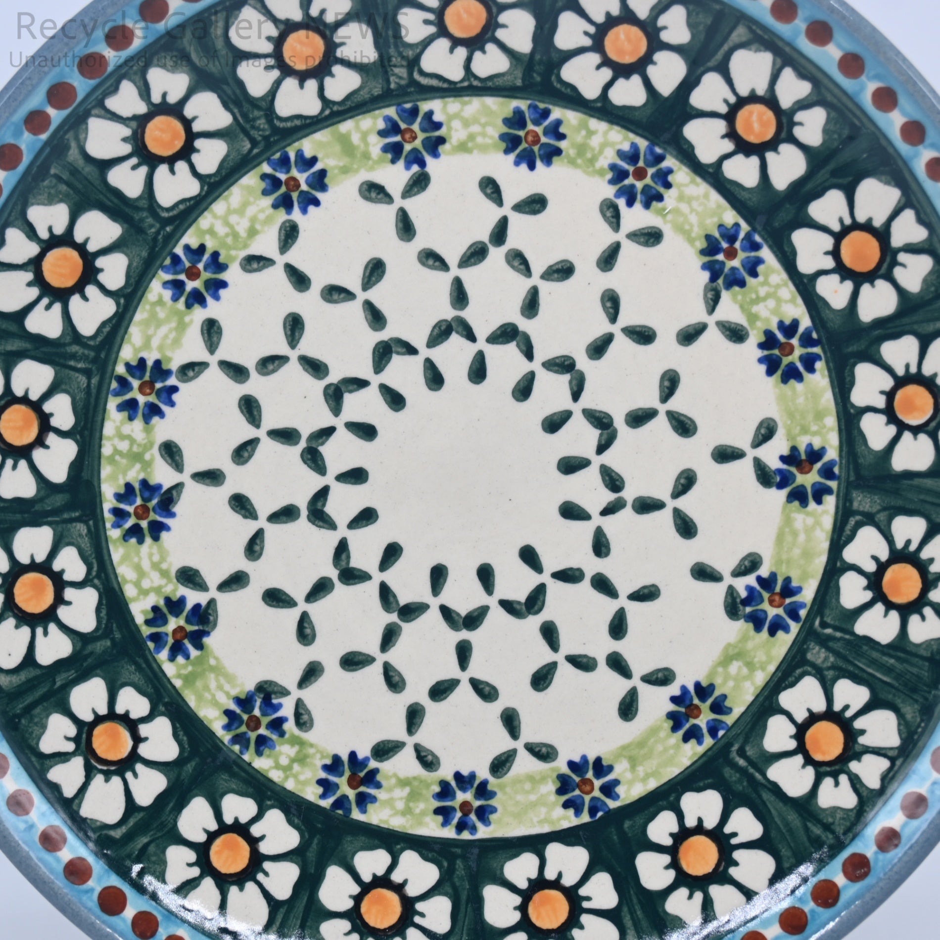 WIZA Handmade Bolesławiec Polish Pottery Floral Plate Blue Green / ウィザ社 ポーリッシュポタリー 皿 プレート 青 緑 花柄 ハンドメイド ポーランド陶器