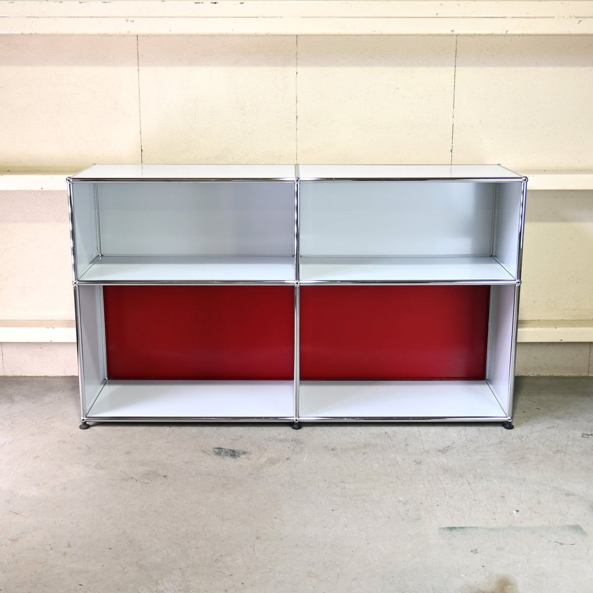 USM Haller Side board Open cabinet Light gray × Ruby red Module 