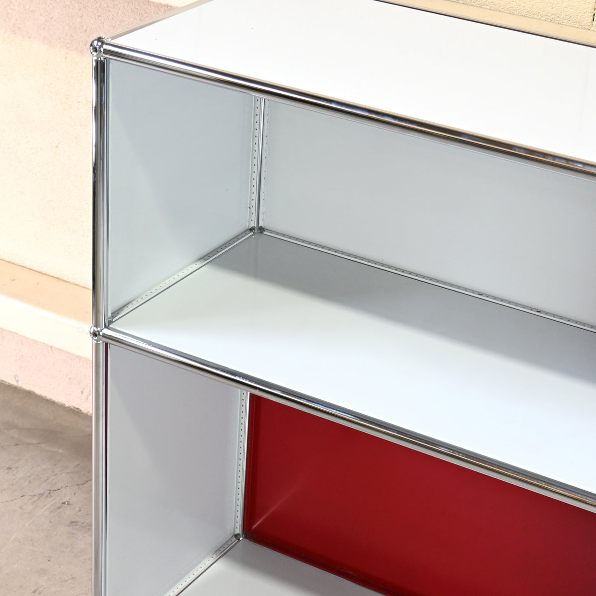 USM Haller Side board Open cabinet Light gray × Ruby red Module 