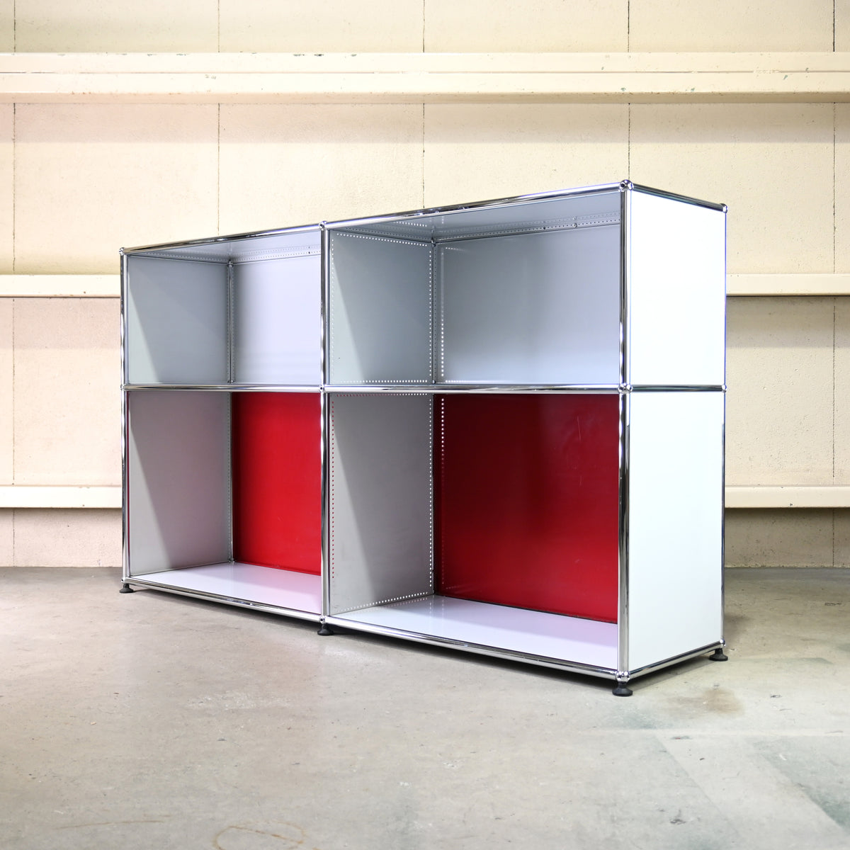 USM Haller Side board Open cabinet Light gray × Ruby red Module 