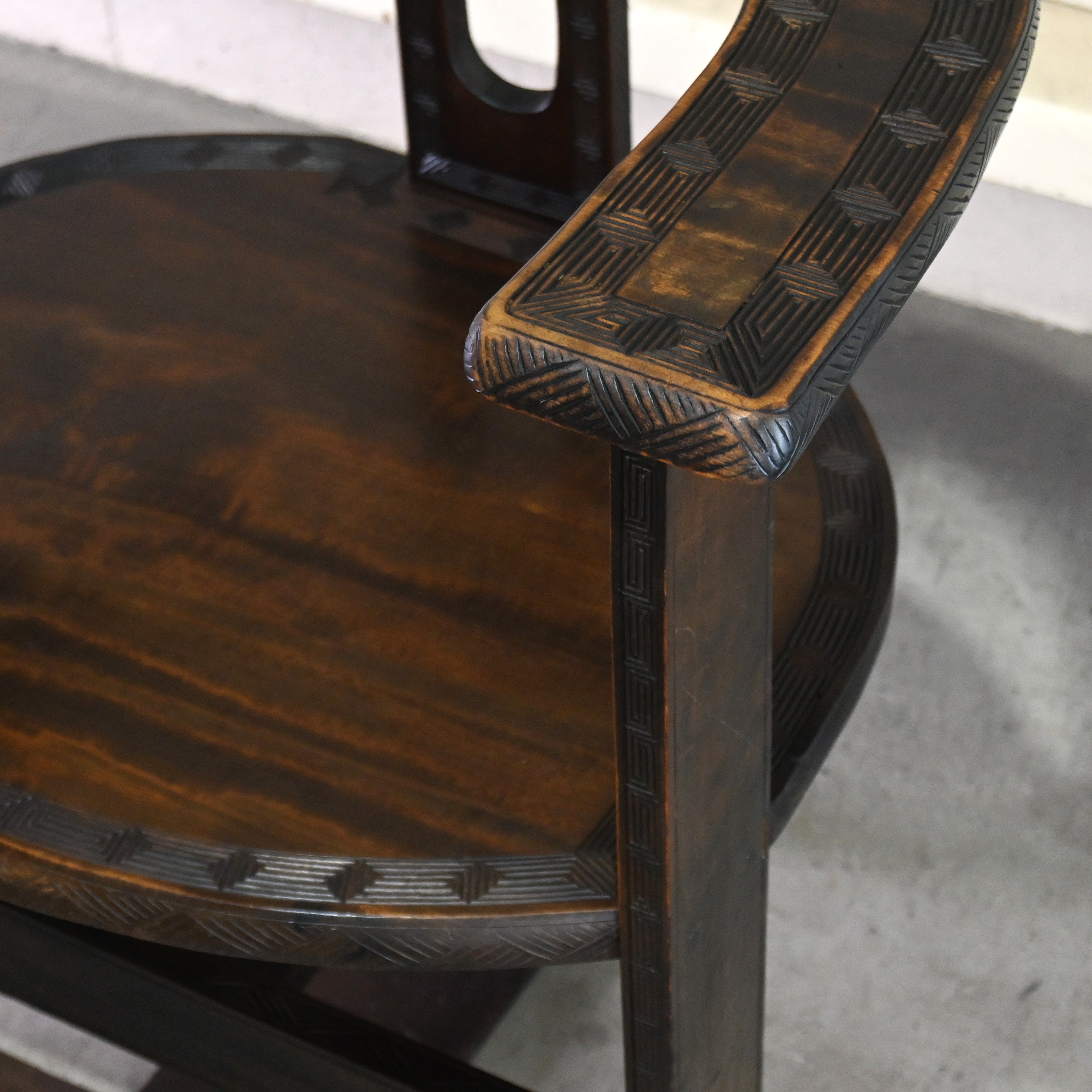Japanese antique Karuizawa Carving Horseshoe Arm chair chinoiserie / 和製アンティーク 軽井沢彫 馬蹄型 アームチェア 大正浪漫 シノワズリ