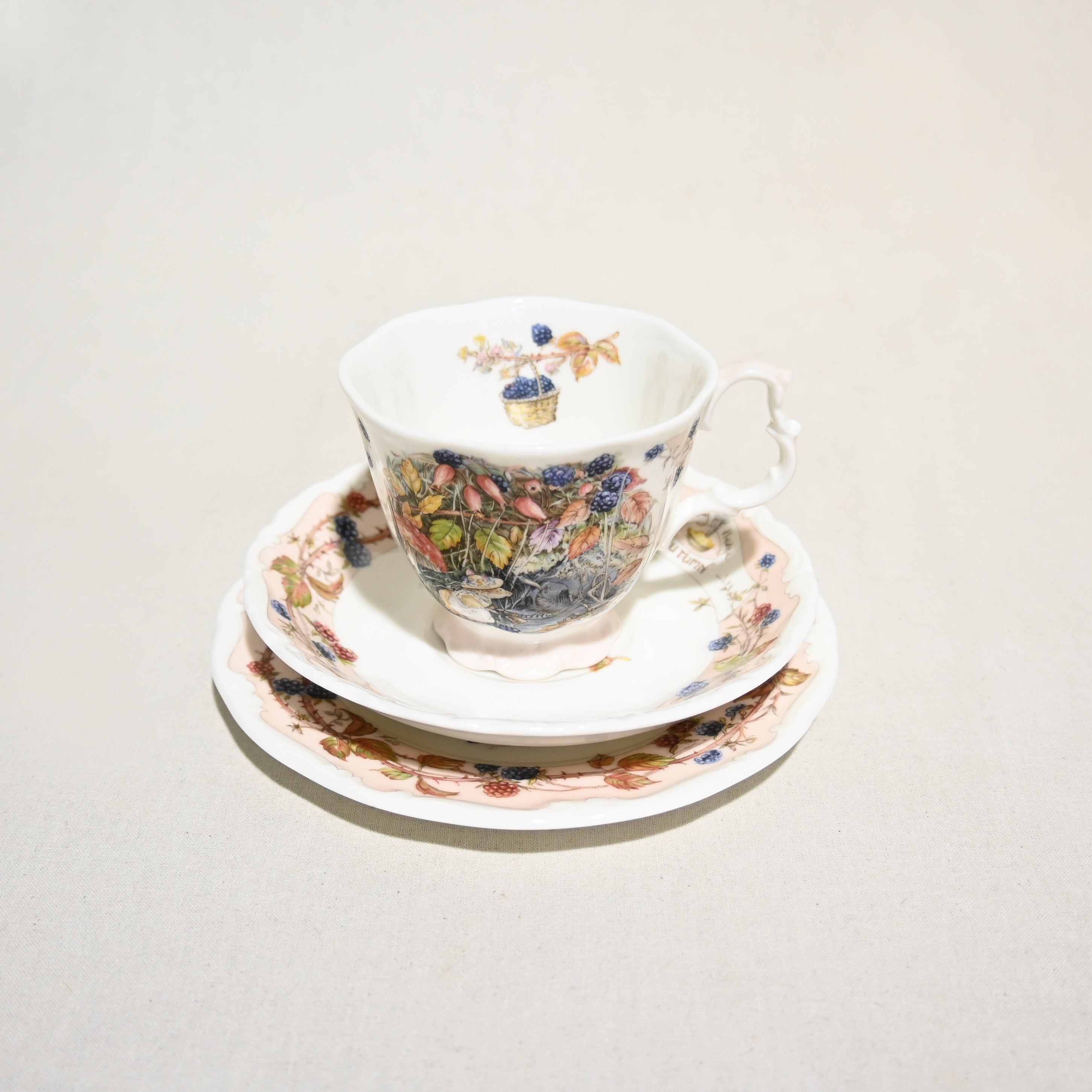Royal Doulton THE BRAMBLY HEDGE Autumn 3-piece set UK Vintage / ロイヤルドルトン ブランブリーヘッジ オータム カップ＆ソーサー クッキープレート ケーキプレートセット イギリスヴィンテージ