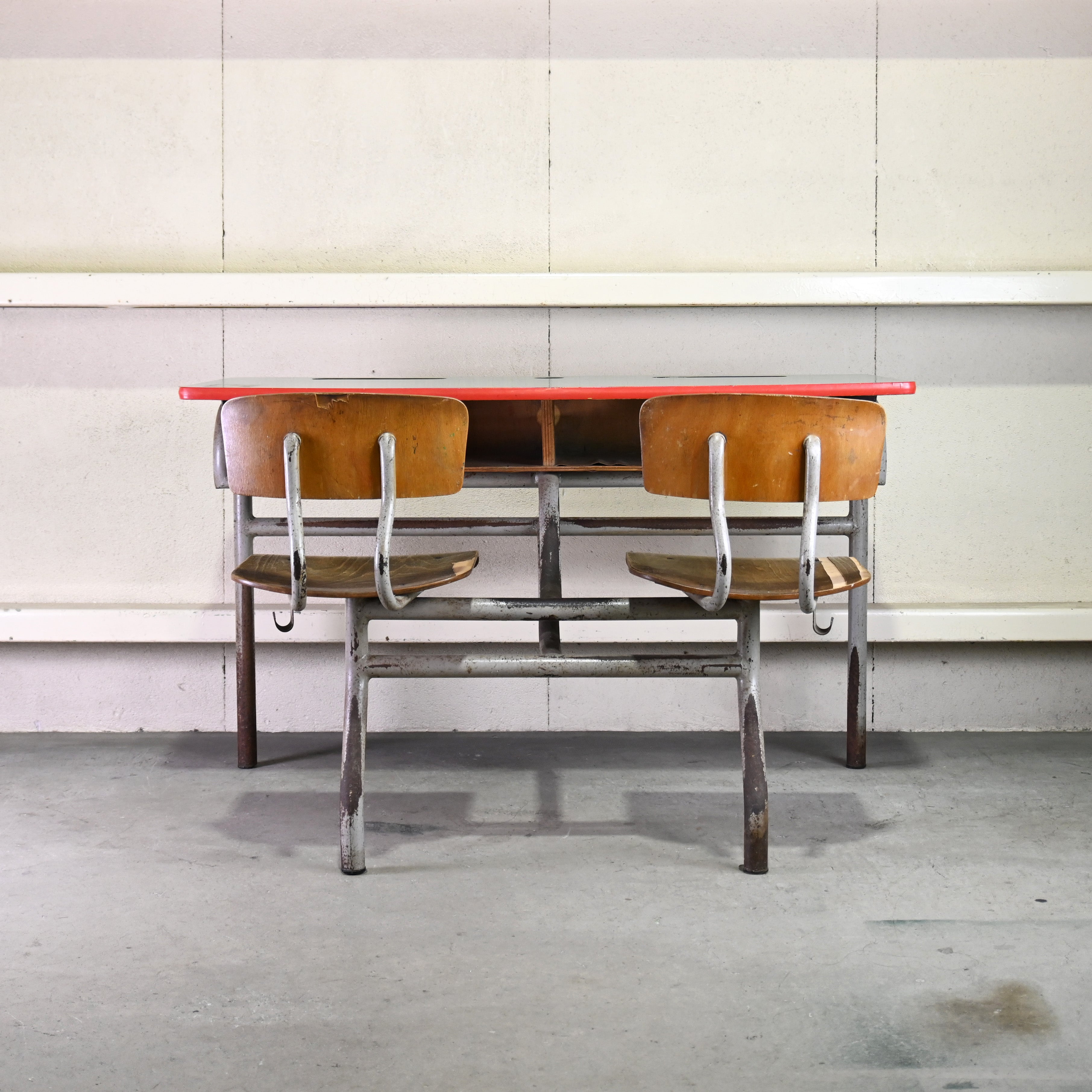 Dutch vintage Luctor N.V. Baarn School desk and chairs 2 seater / オランダ ヴィンテージ スクールデスク チェア一体型 2シーター
