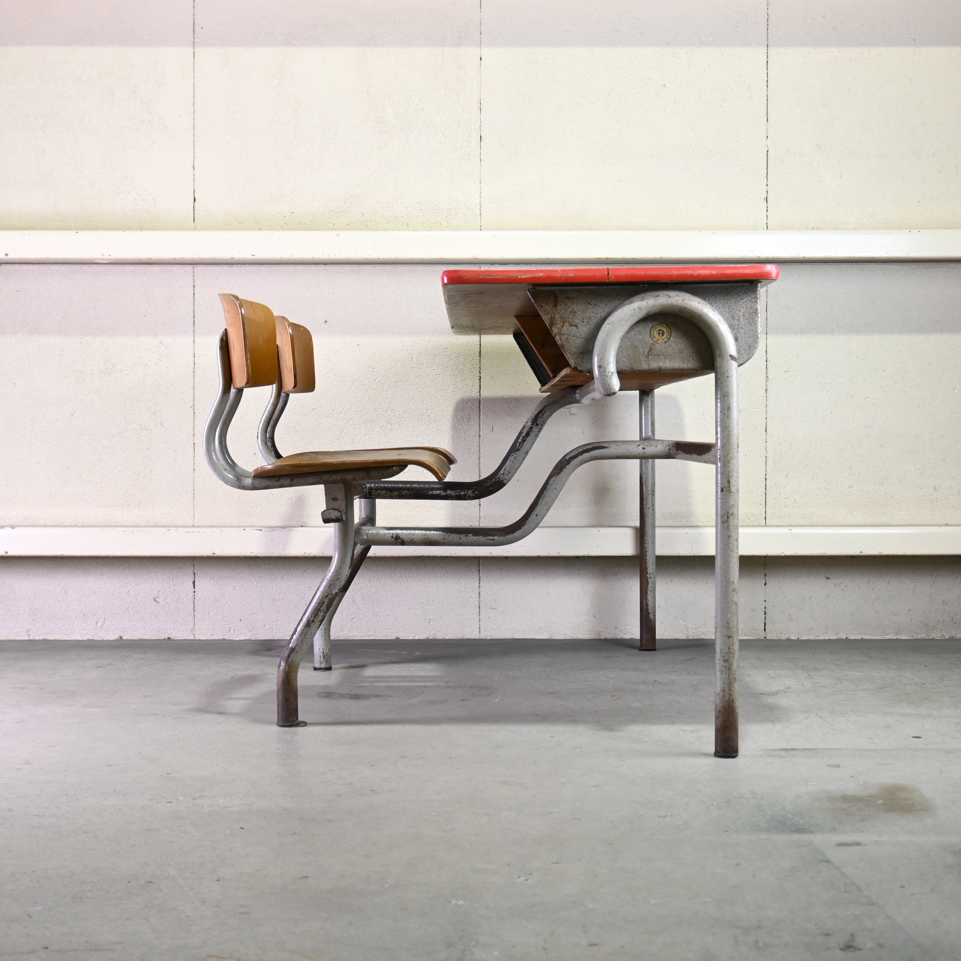Dutch vintage Luctor N.V. Baarn School desk and chairs 2 seater / オランダ ヴィンテージ スクールデスク チェア一体型 2シーター