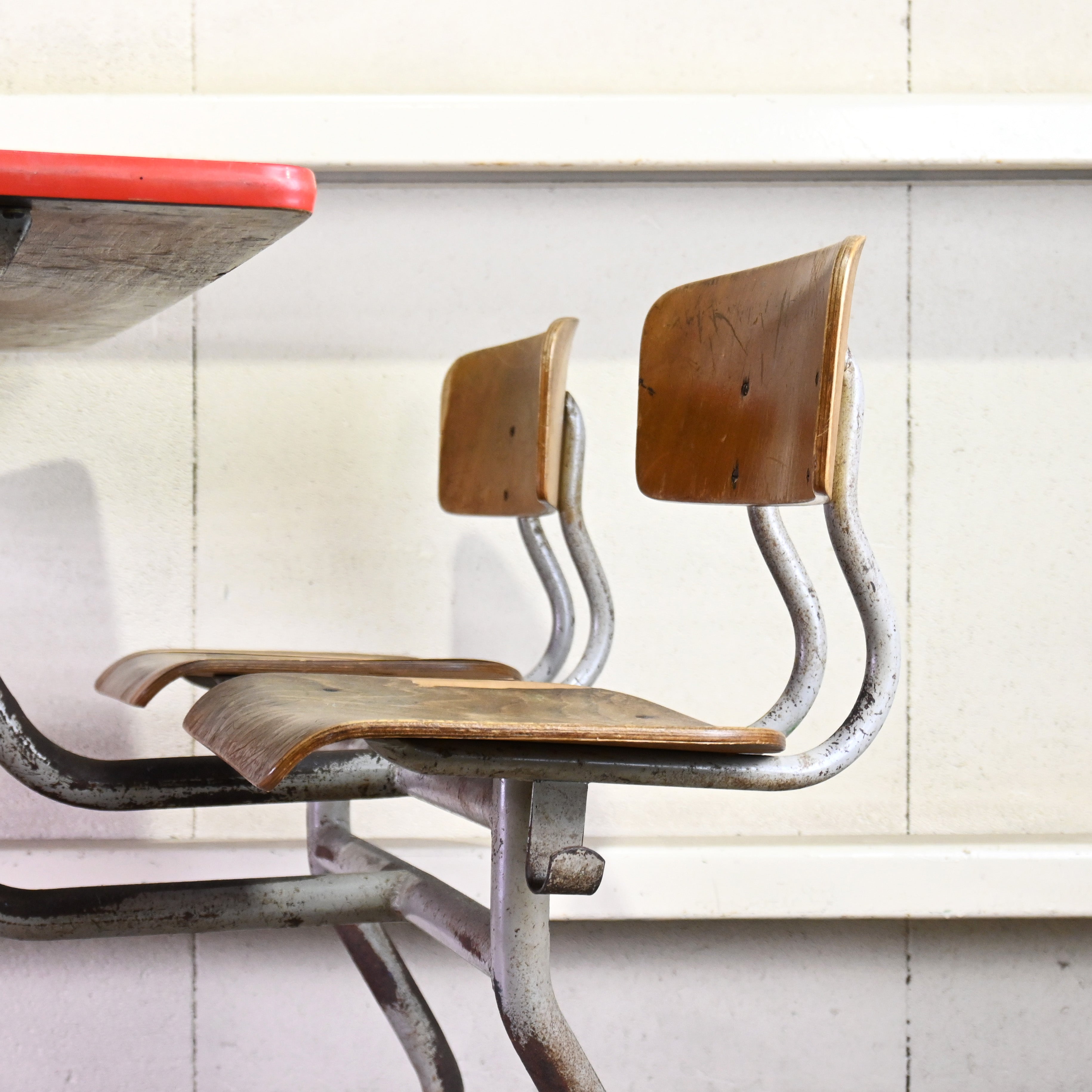 Dutch vintage Luctor N.V. Baarn School desk and chairs 2 seater / オランダ ヴィンテージ スクールデスク チェア一体型 2シーター