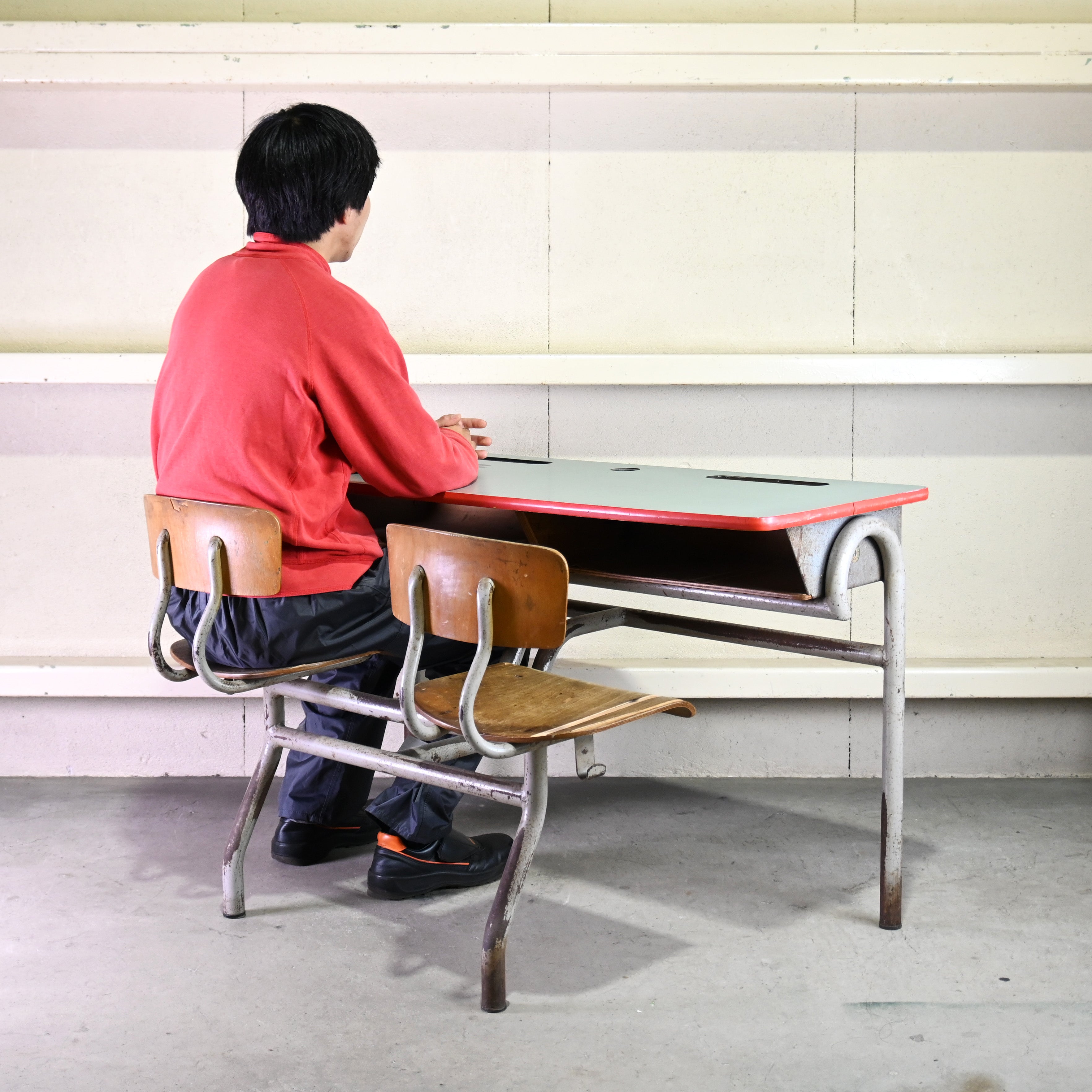 Dutch vintage Luctor N.V. Baarn School desk and chairs 2 seater / オランダ ヴィンテージ スクールデスク チェア一体型 2シーター
