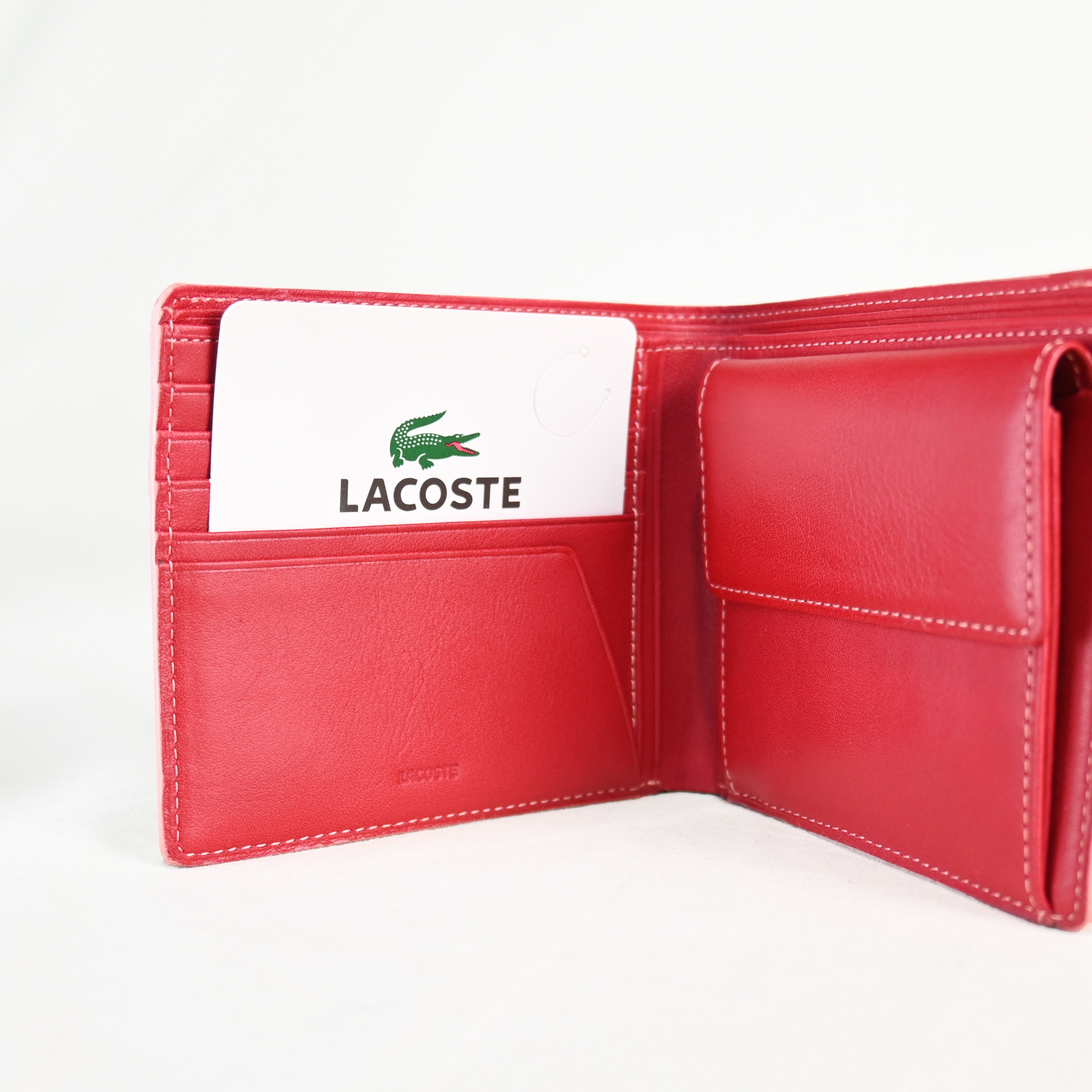 LACOSTE Red color calf leather Bifold wallet Unused / ラコステ カラーカーフレザー 二つ折り財布 赤 未使用