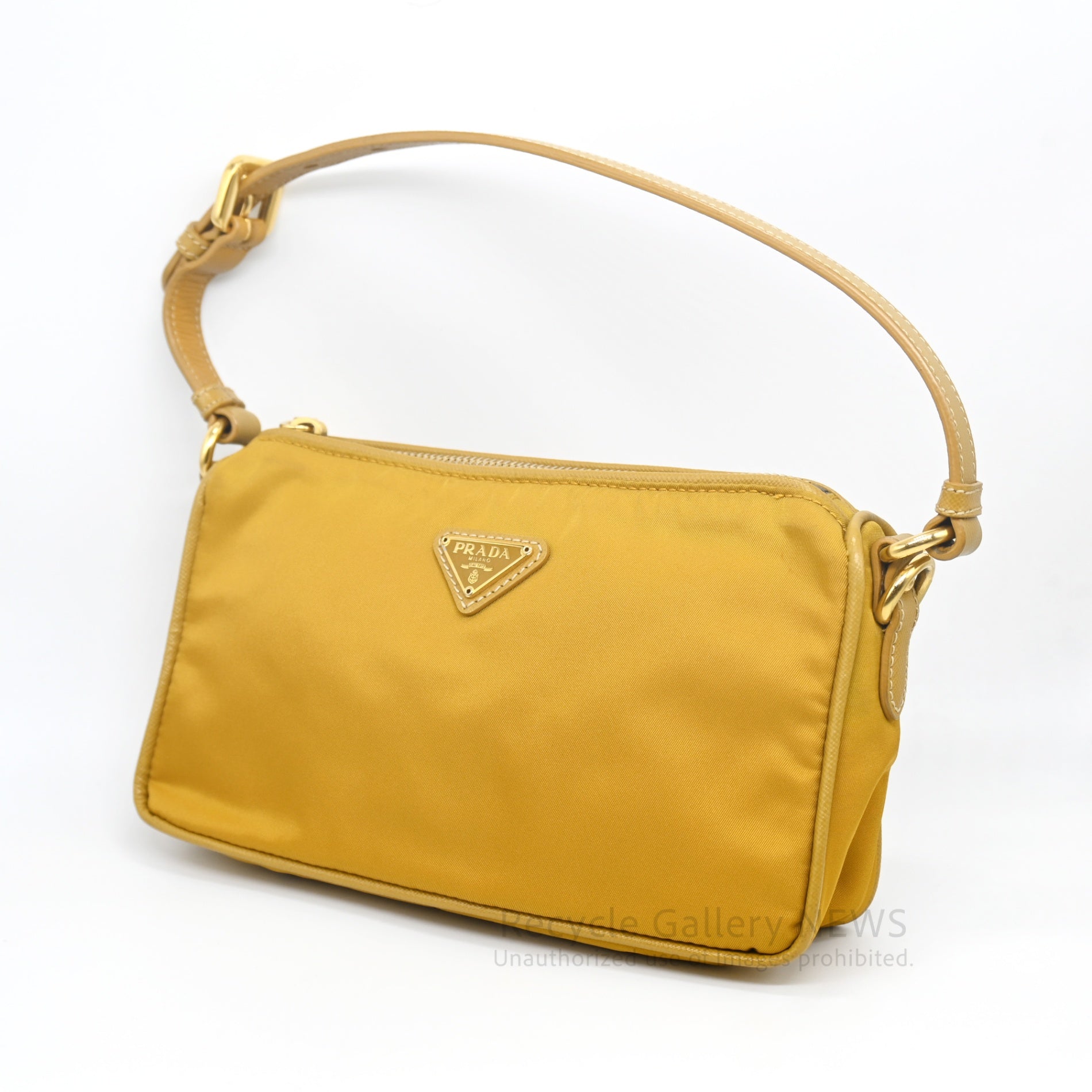PRADA Triangle Logo Nylon Mini Pouch Mustard Yellow / プラダ ナイロンポーチ ミニバッグ ハンドバッグ マスタードイエロー