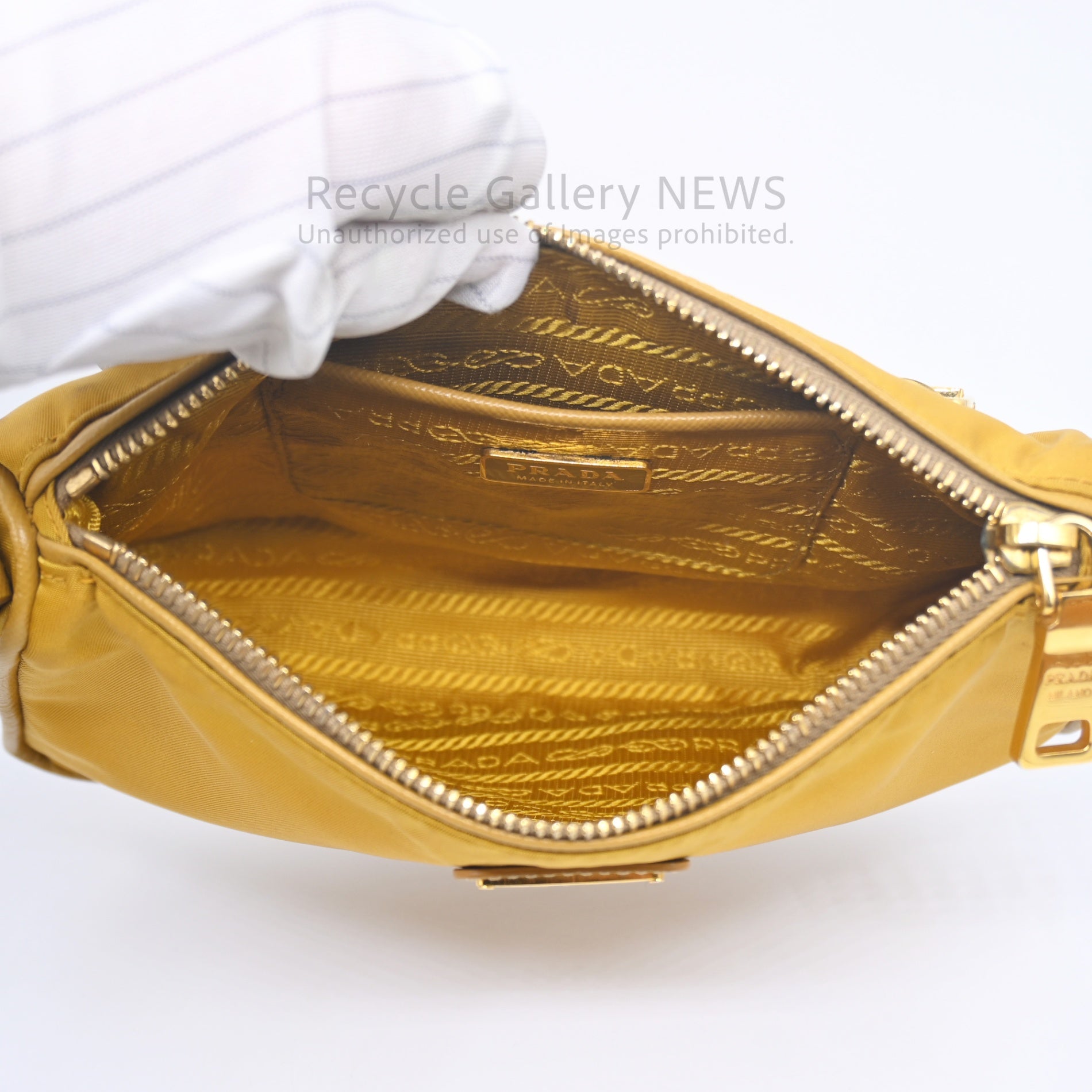 PRADA Triangle Logo Nylon Mini Pouch Mustard Yellow / プラダ ナイロンポーチ ミニバッグ ハンドバッグ マスタードイエロー