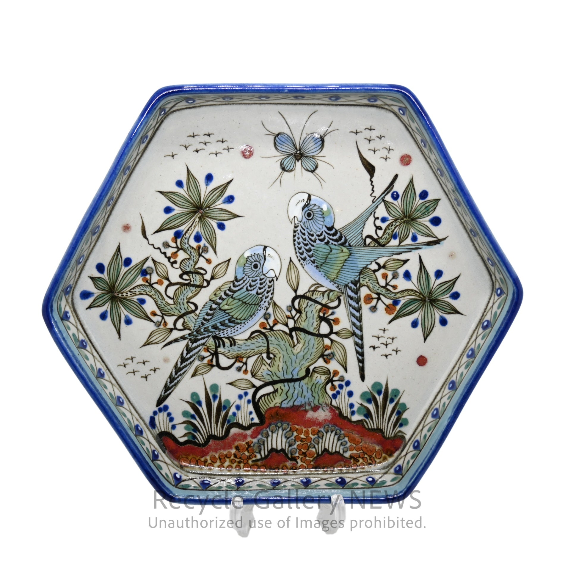 Ken Edwards Mexican Pottery Tonala Ware Blue Hexagonal Plate Bird Motif / ケン・エドワーズ メキシコ陶芸 トナラ焼き 六角形プレート 鳥モチーフ 青