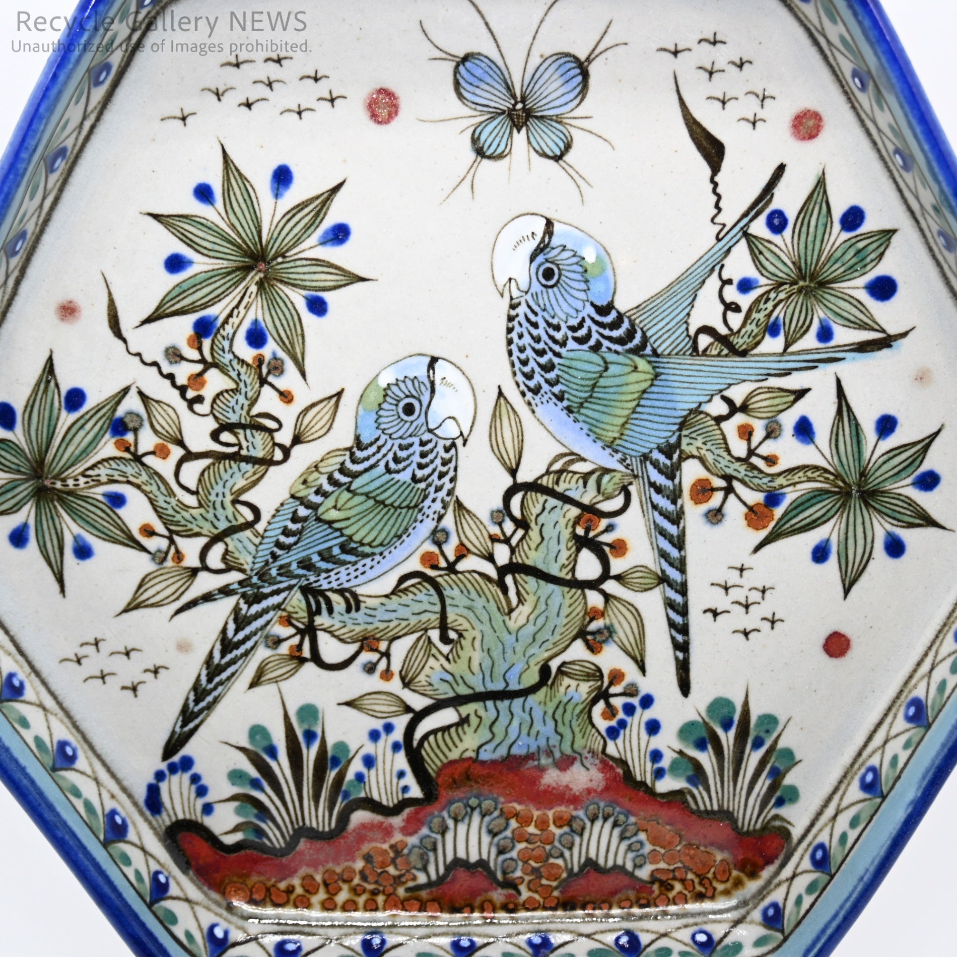 Ken Edwards Mexican Pottery Tonala Ware Blue Hexagonal Plate Bird Motif / ケン・エドワーズ メキシコ陶芸 トナラ焼き 六角形プレート 鳥モチーフ 青
