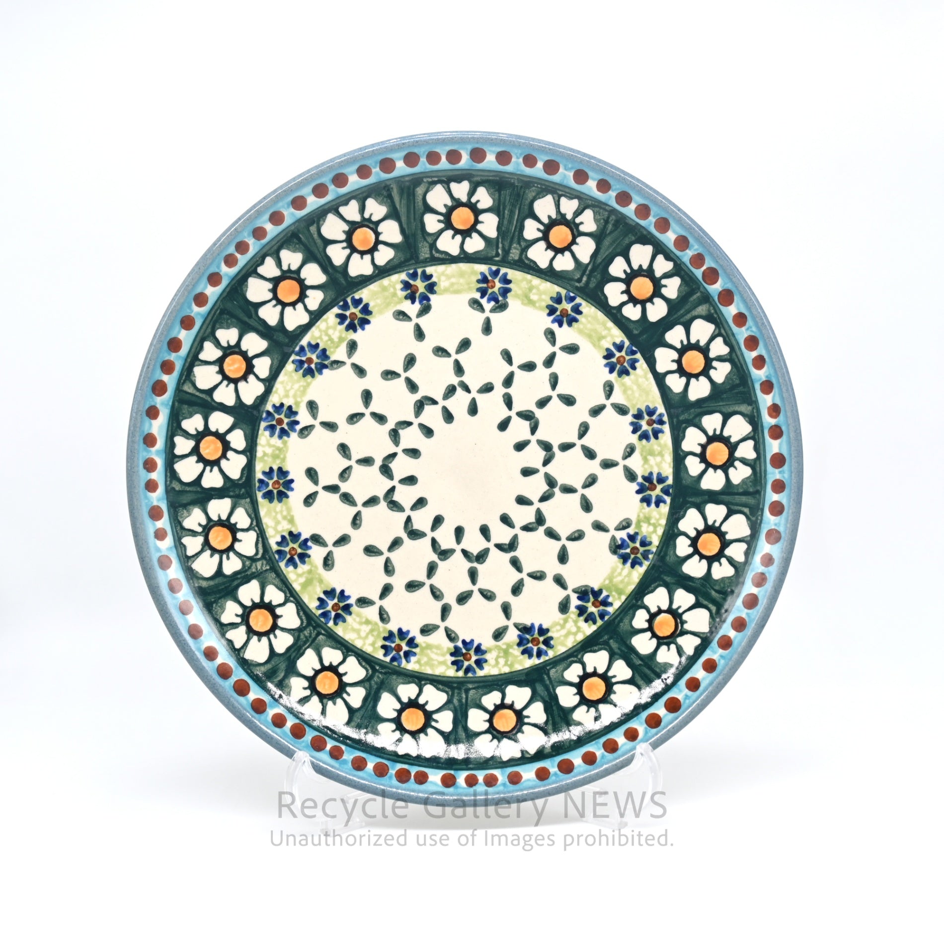 WIZA Handmade Bolesławiec Polish Pottery Floral Plate Blue Green / ウィザ社 ポーリッシュポタリー 皿 プレート 青 緑 花柄 ハンドメイド ポーランド陶器