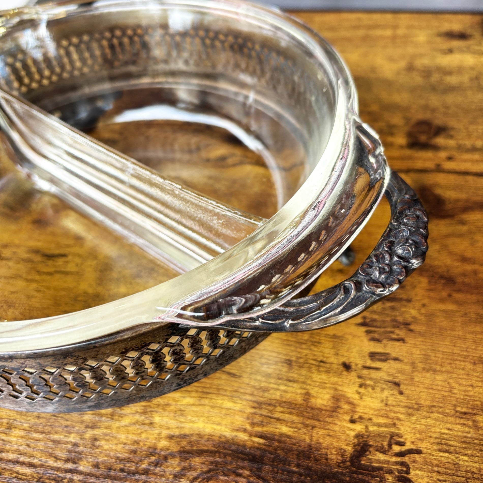 Fire-King Anchor Hocking Glass Casserole with Silver-Plated Stand Set / ファイヤーキング アンカーホッキング ガラス キャセロール 銀メッキ台座セット