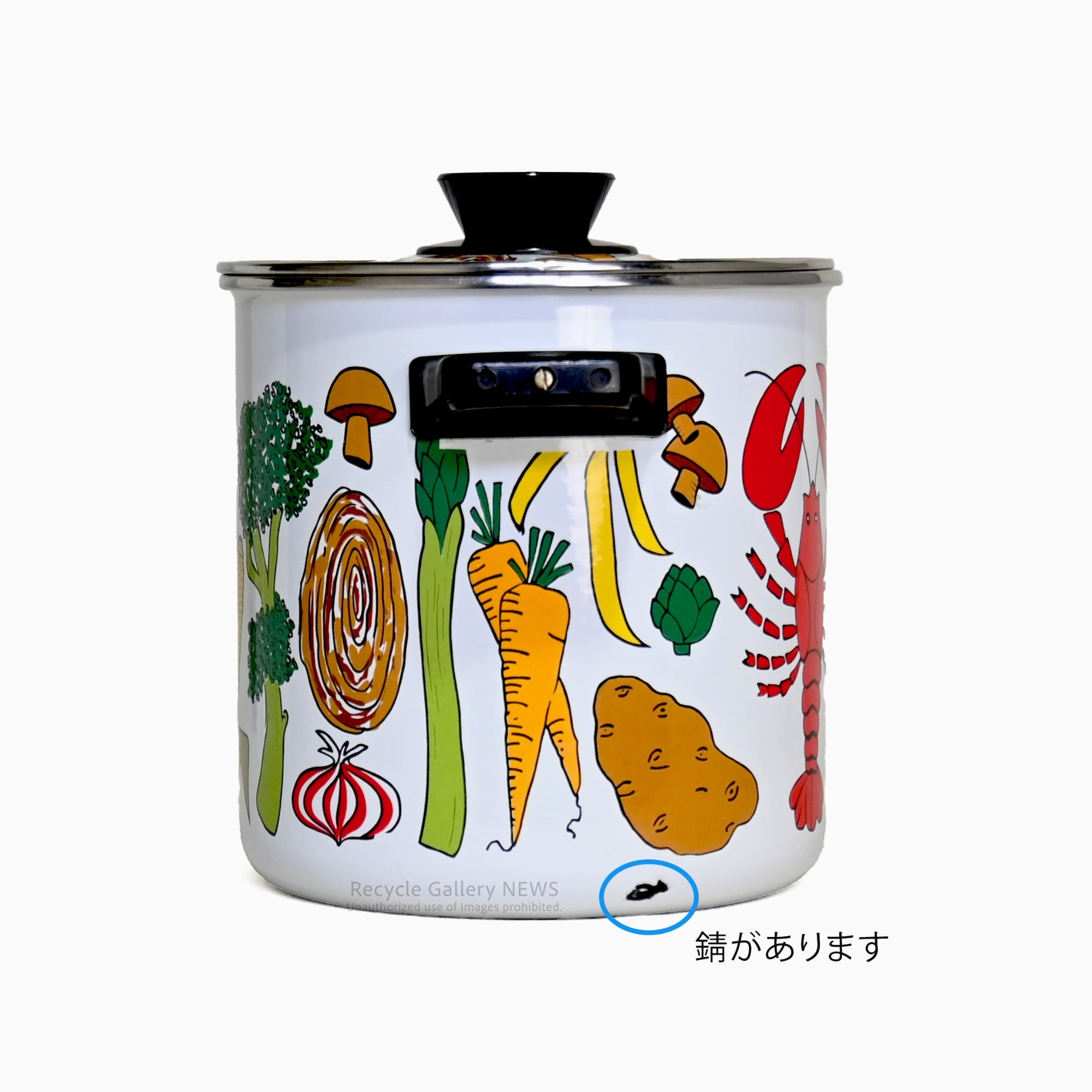 1960s American vintage enamel pot White with food design / 1960年代 アメリカ ヴィンテージ ホーロー鍋 ホワイト 食材デザイン
