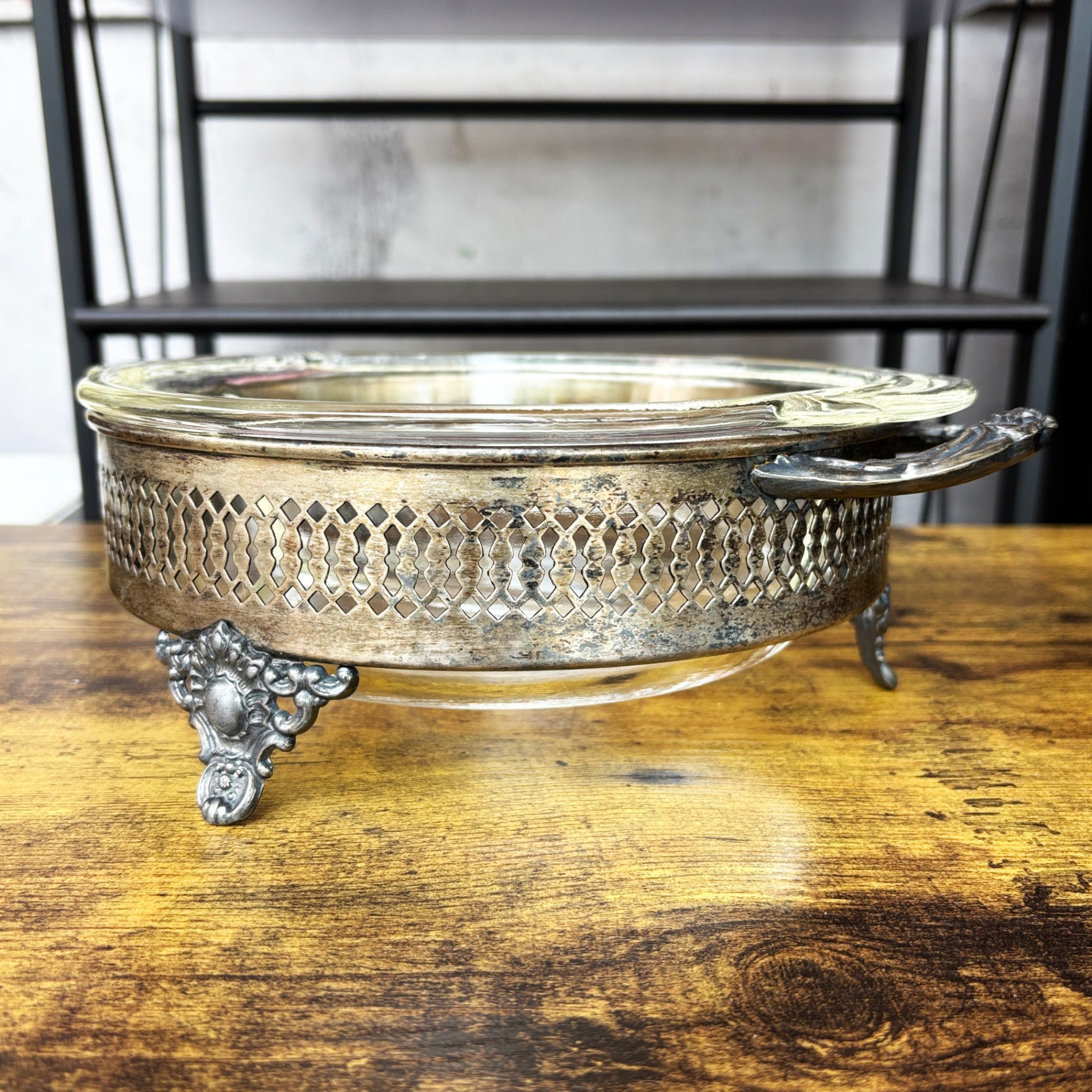 Fire-King Anchor Hocking Glass Casserole with Silver-Plated Stand Set / ファイヤーキング アンカーホッキング ガラス キャセロール 銀メッキ台座セット