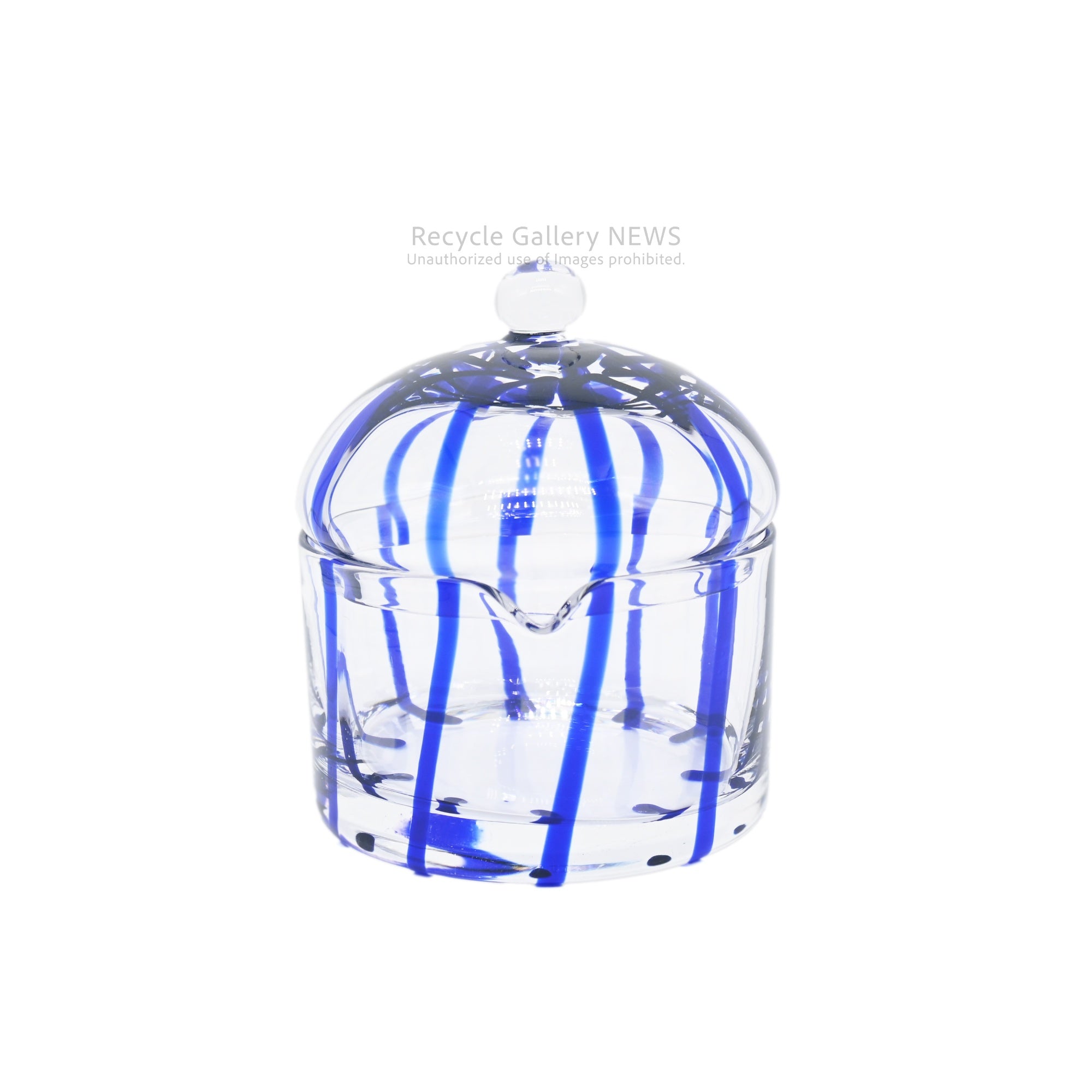 Handcrafted Blue Stripe Glass Candy Pot Trinket Box / ガラス工芸品 ストライプ キャンディポット 小物入れ 青 クリア