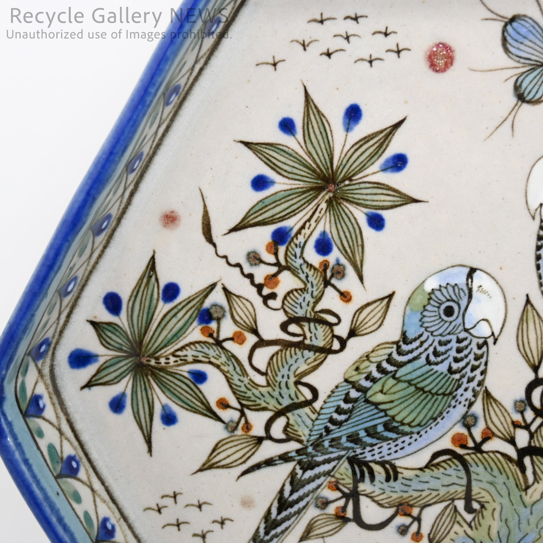 Ken Edwards Mexican Pottery Tonala Ware Blue Hexagonal Plate Bird Motif / ケン・エドワーズ メキシコ陶芸 トナラ焼き 六角形プレート 鳥モチーフ 青