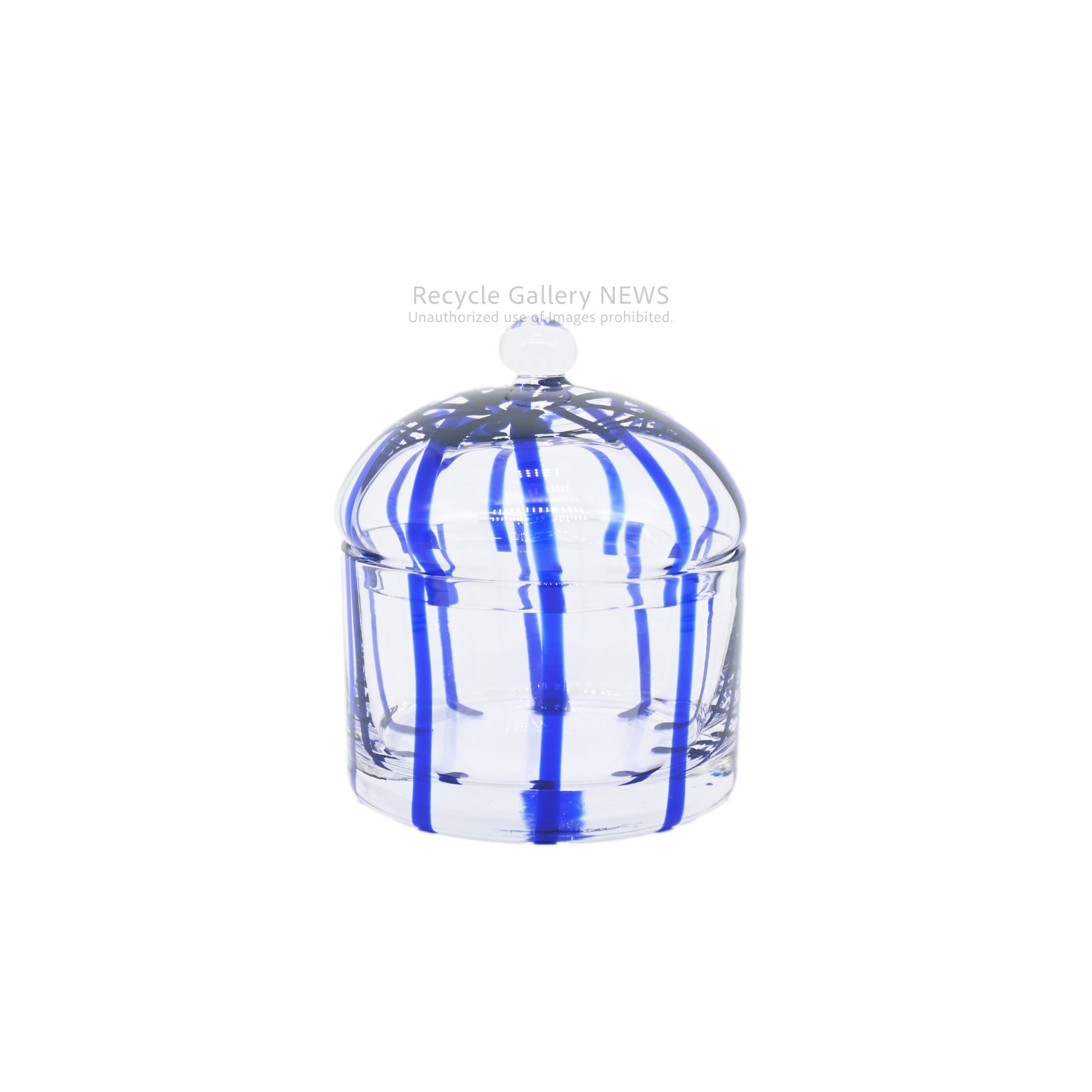 Handcrafted Blue Stripe Glass Candy Pot Trinket Box / ガラス工芸品 ストライプ キャンディポット 小物入れ 青 クリア