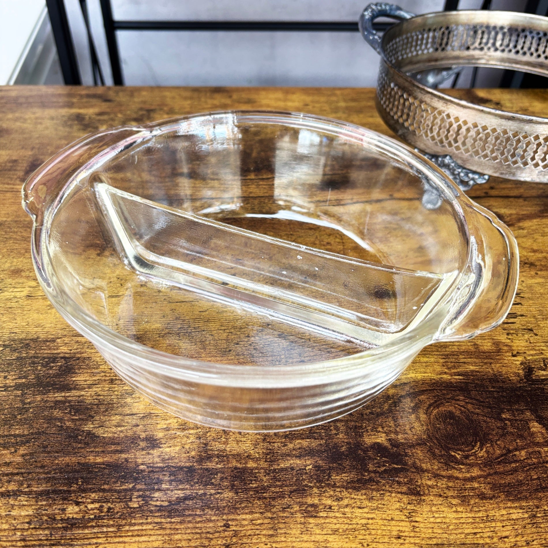 Fire-King Anchor Hocking Glass Casserole with Silver-Plated Stand Set / ファイヤーキング アンカーホッキング ガラス キャセロール 銀メッキ台座セット