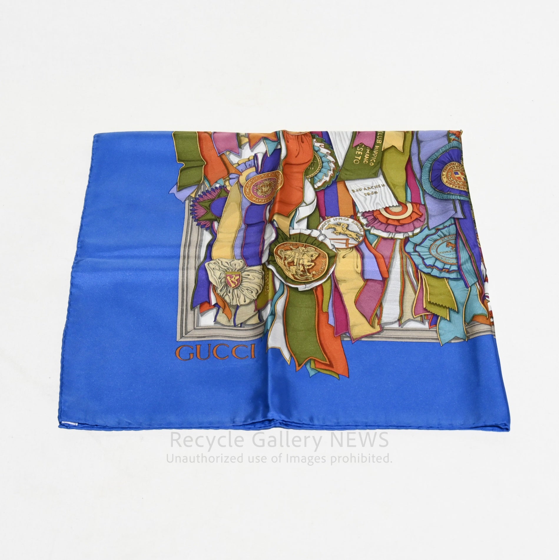 GUCCI Large Scarf Rosette Pattern Silk Medal Ribbon Blue Vintage