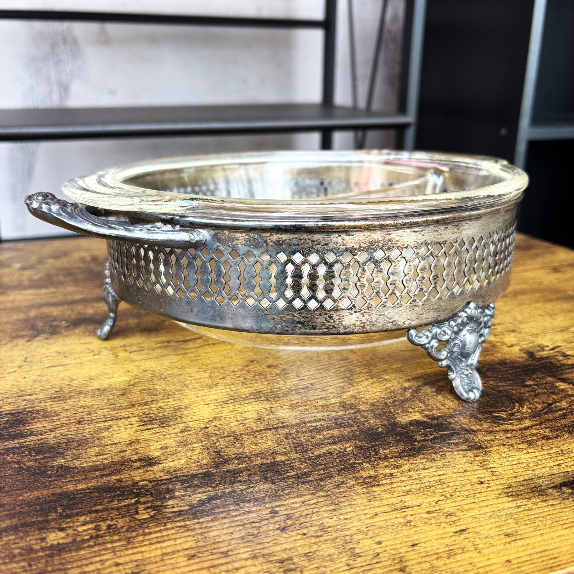 Fire-King Anchor Hocking Glass Casserole with Silver-Plated Stand Set / ファイヤーキング アンカーホッキング ガラス キャセロール 銀メッキ台座セット