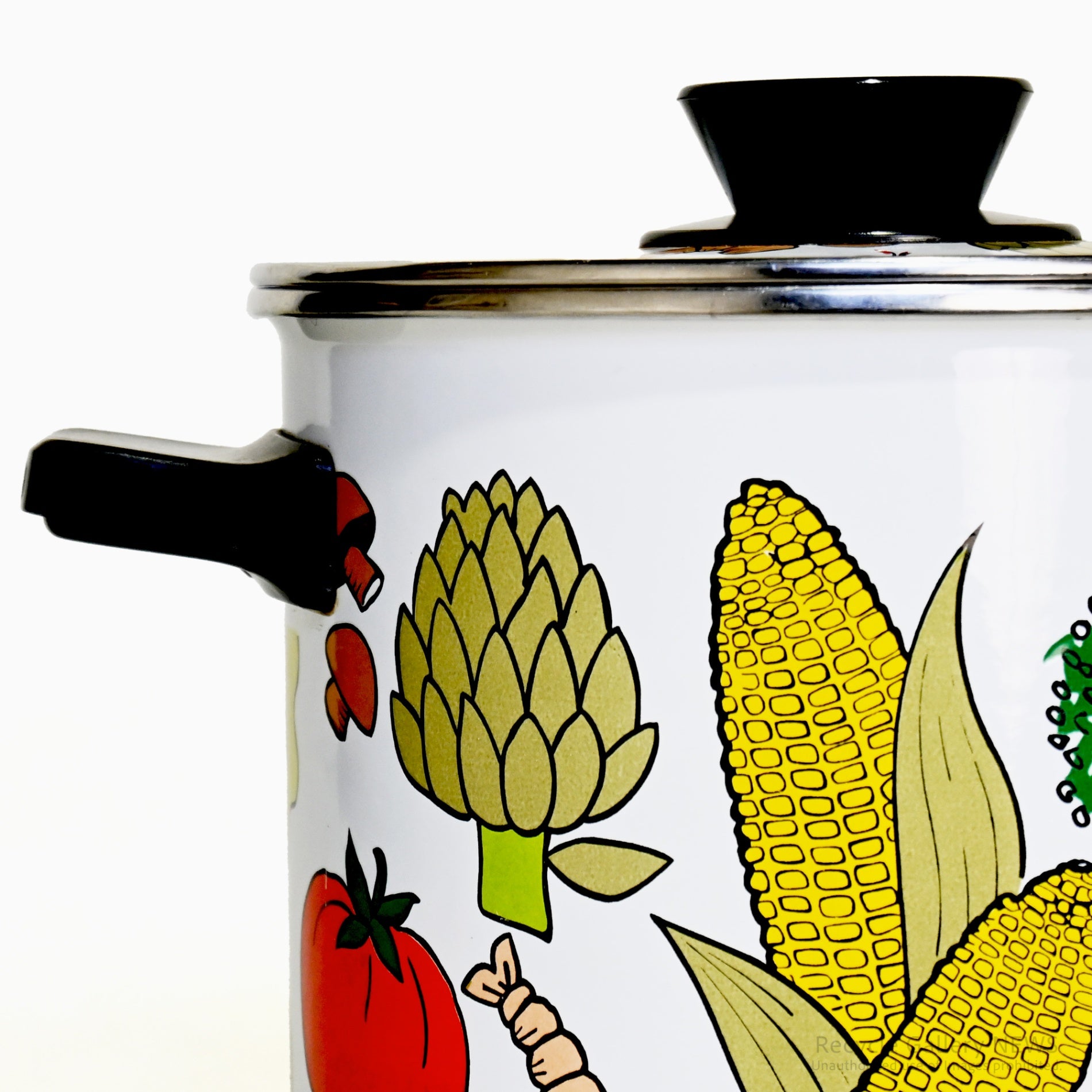1960s American vintage enamel pot White with food design / 1960年代 アメリカ ヴィンテージ ホーロー鍋 ホワイト 食材デザイン