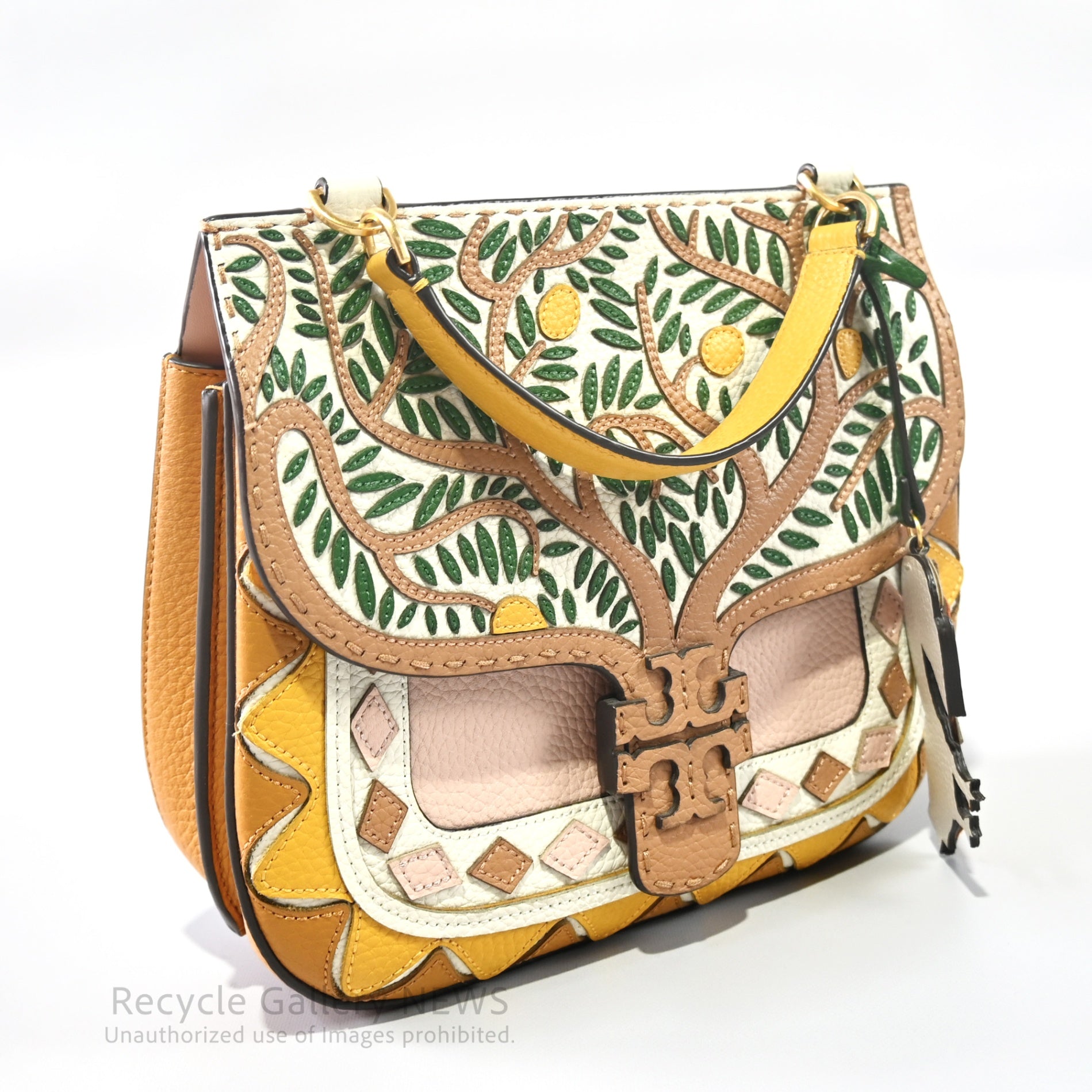 Tory Burch Mcgraw Botanical Appliqué Satchel Leather Bag / トリーバーチ マックグロー サッチェル レザー ハンドバッグ パッチワーク ベージュ ボタニカル