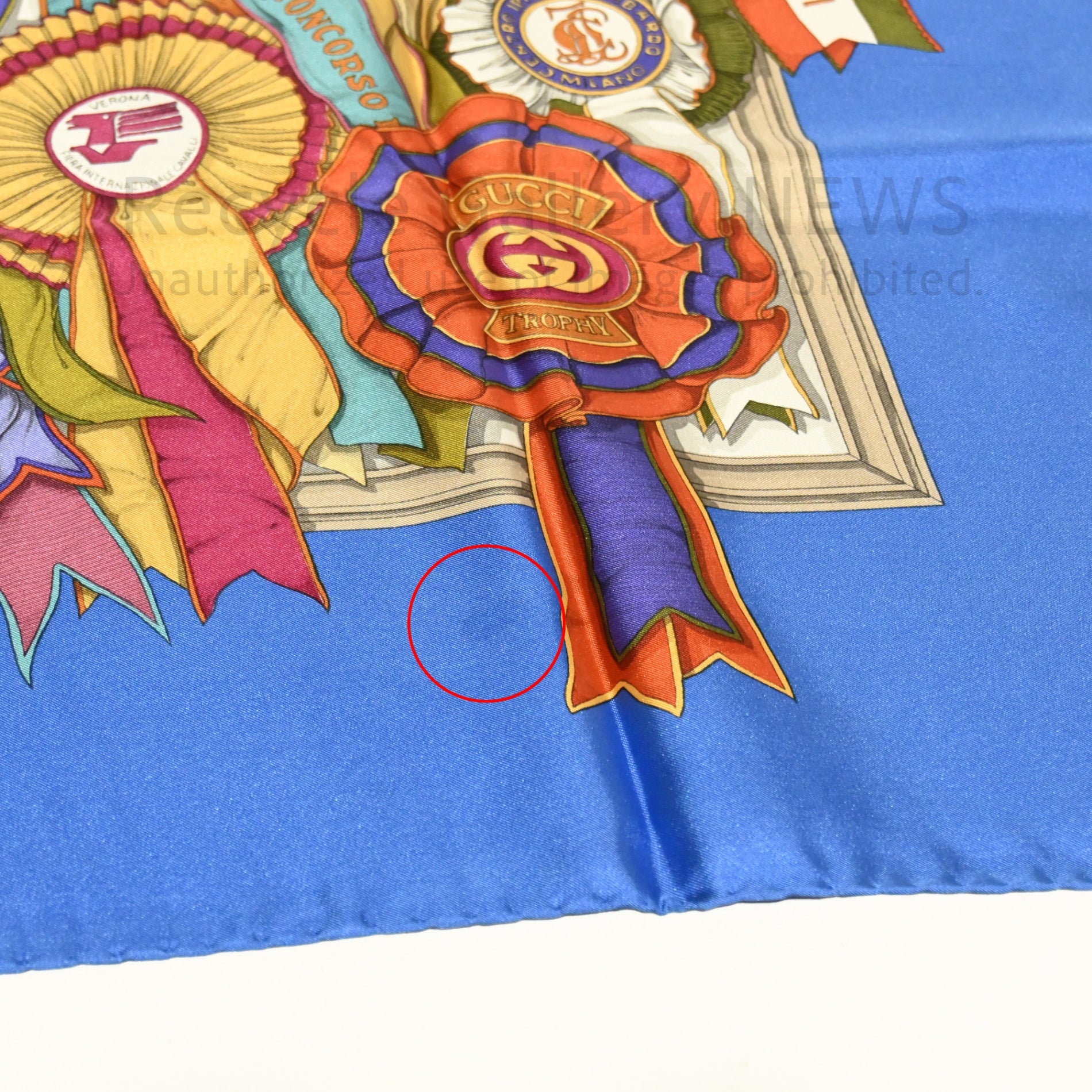 GUCCI Large Scarf Rosette Pattern Silk Medal Ribbon Blue Vintage