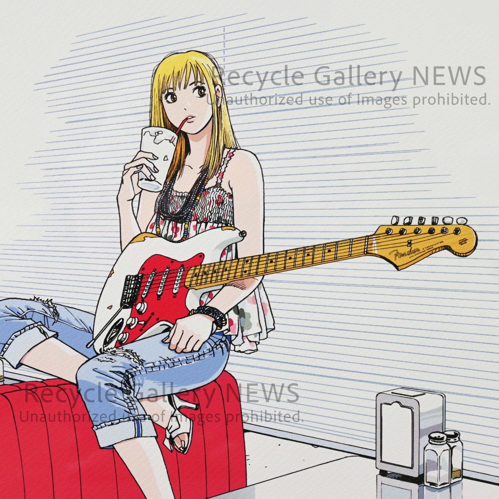 Hisashi Eguchi "Stop!! Hibari-kun! Stratocaster" Lithograph High-Definition Giclée Print Japanese Pop Art / 江口寿史 ”ストップ!!ひばりくん! ストラトキャスター” リトグラフ 高精細ジークレー版画 日本 ポップアート