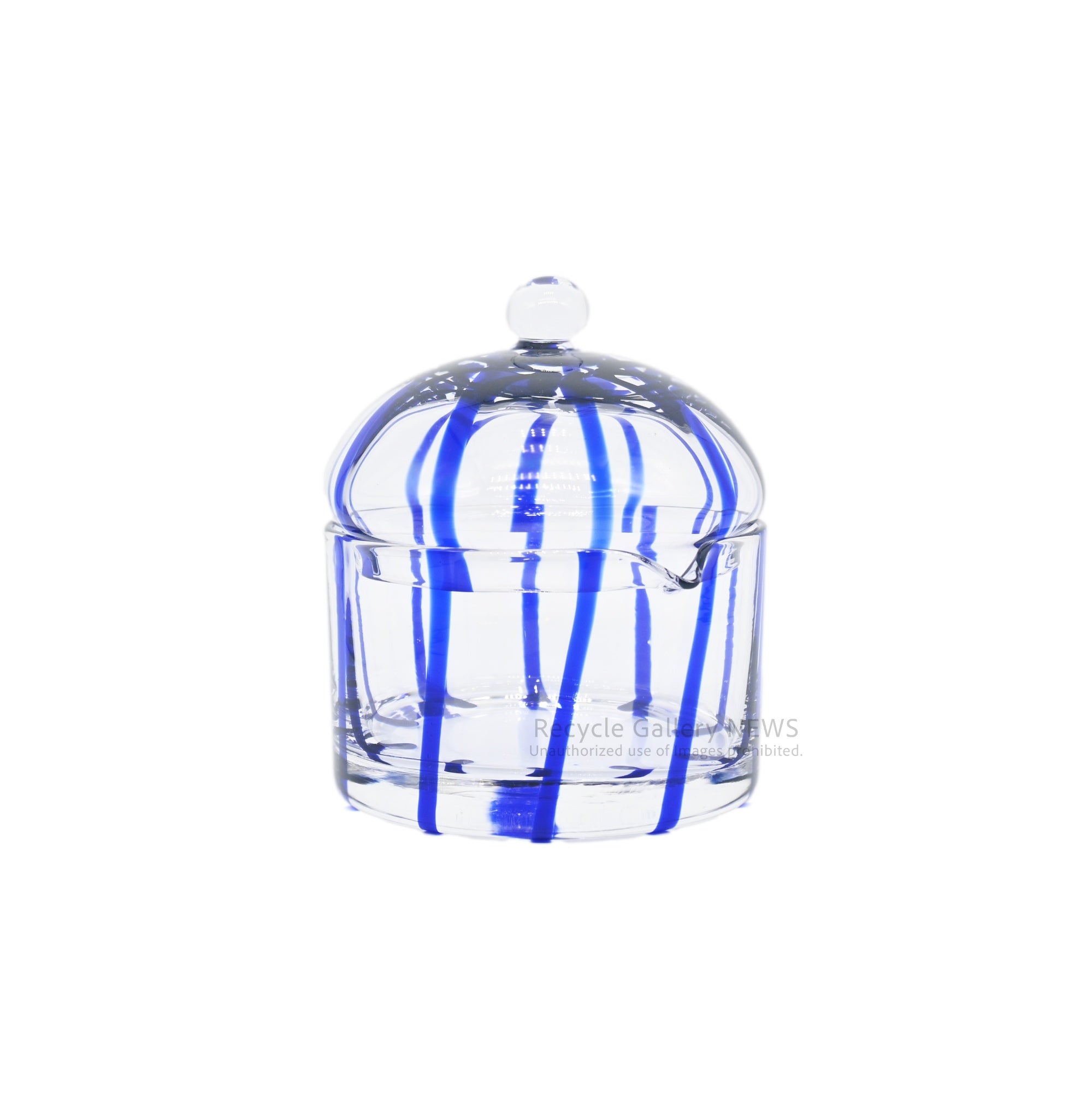Handcrafted Blue Stripe Glass Candy Pot Trinket Box / ガラス工芸品 ストライプ キャンディポット 小物入れ 青 クリア