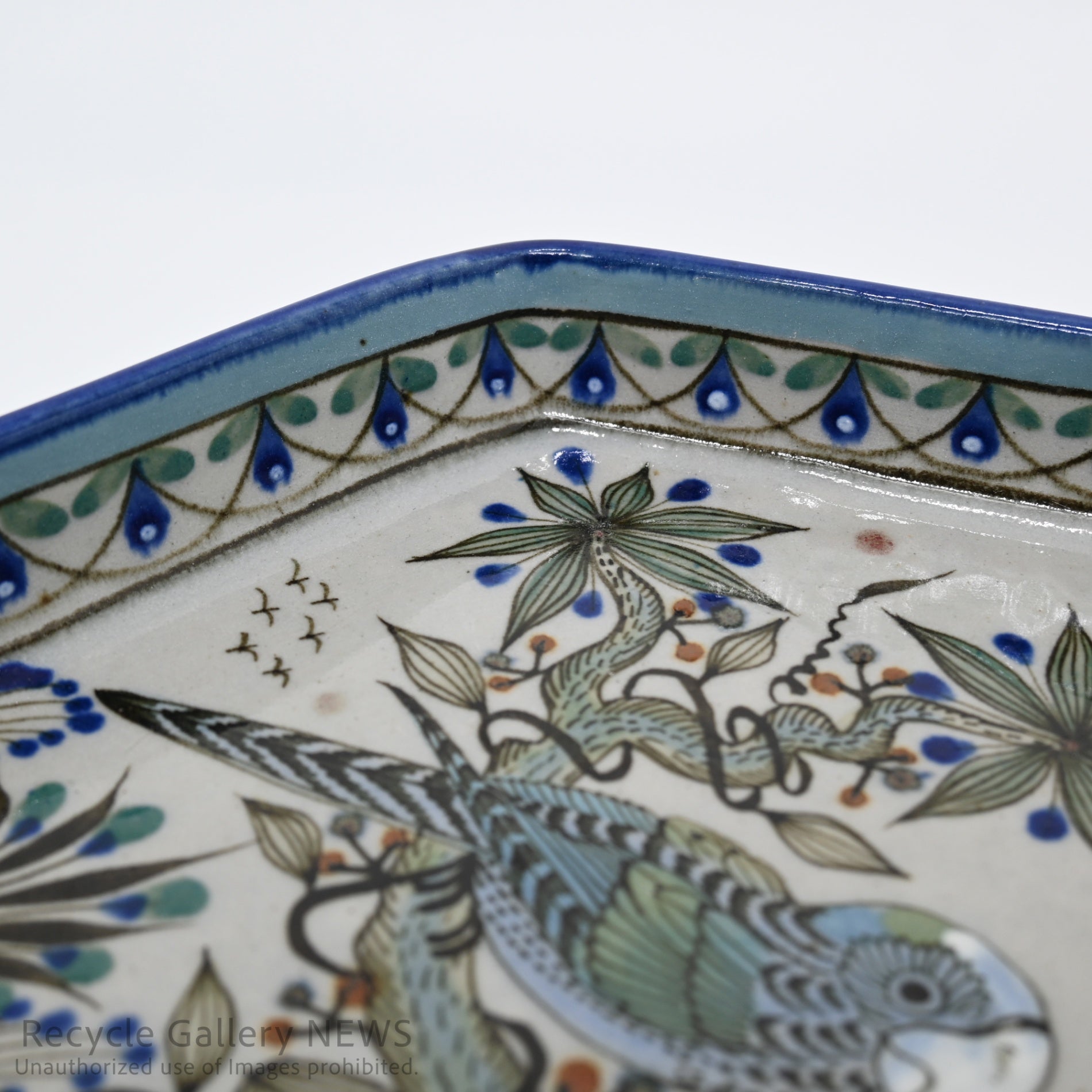 Ken Edwards Mexican Pottery Tonala Ware Blue Hexagonal Plate Bird Motif / ケン・エドワーズ メキシコ陶芸 トナラ焼き 六角形プレート 鳥モチーフ 青