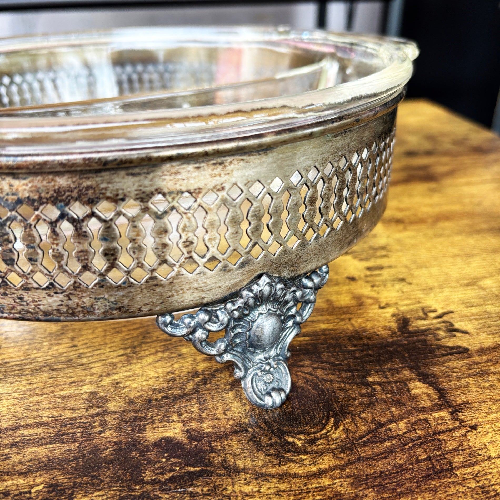 Fire-King Anchor Hocking Glass Casserole with Silver-Plated Stand Set / ファイヤーキング アンカーホッキング ガラス キャセロール 銀メッキ台座セット