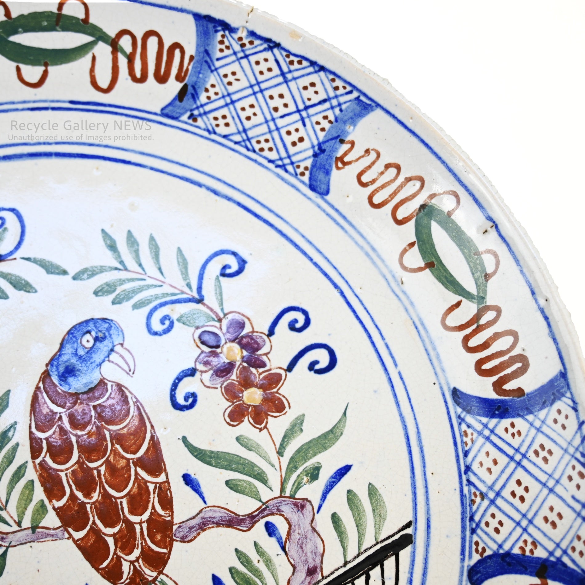Dutch Delft Charger Picture plate Oriental Chinoiserie flowers and birds / デルフト アンティーク 絵皿 東洋風 花鳥図