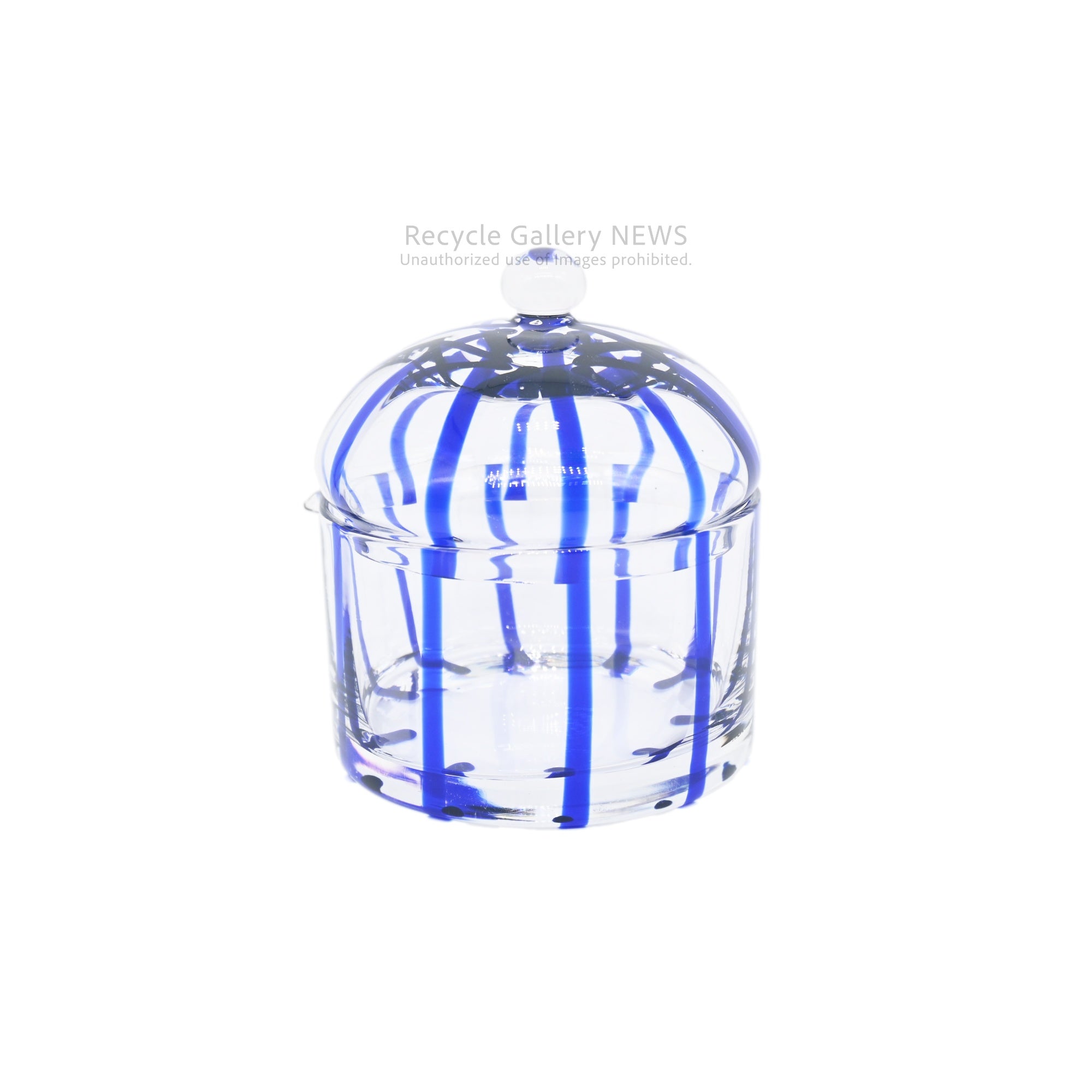 Handcrafted Blue Stripe Glass Candy Pot Trinket Box / ガラス工芸品 ストライプ キャンディポット 小物入れ 青 クリア