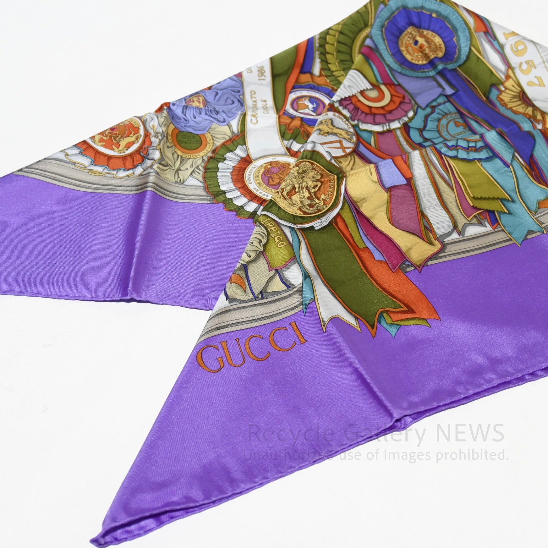 GUCCI Large Scarf Rosette Pattern Unused Silk Medal Ribbon Purple
