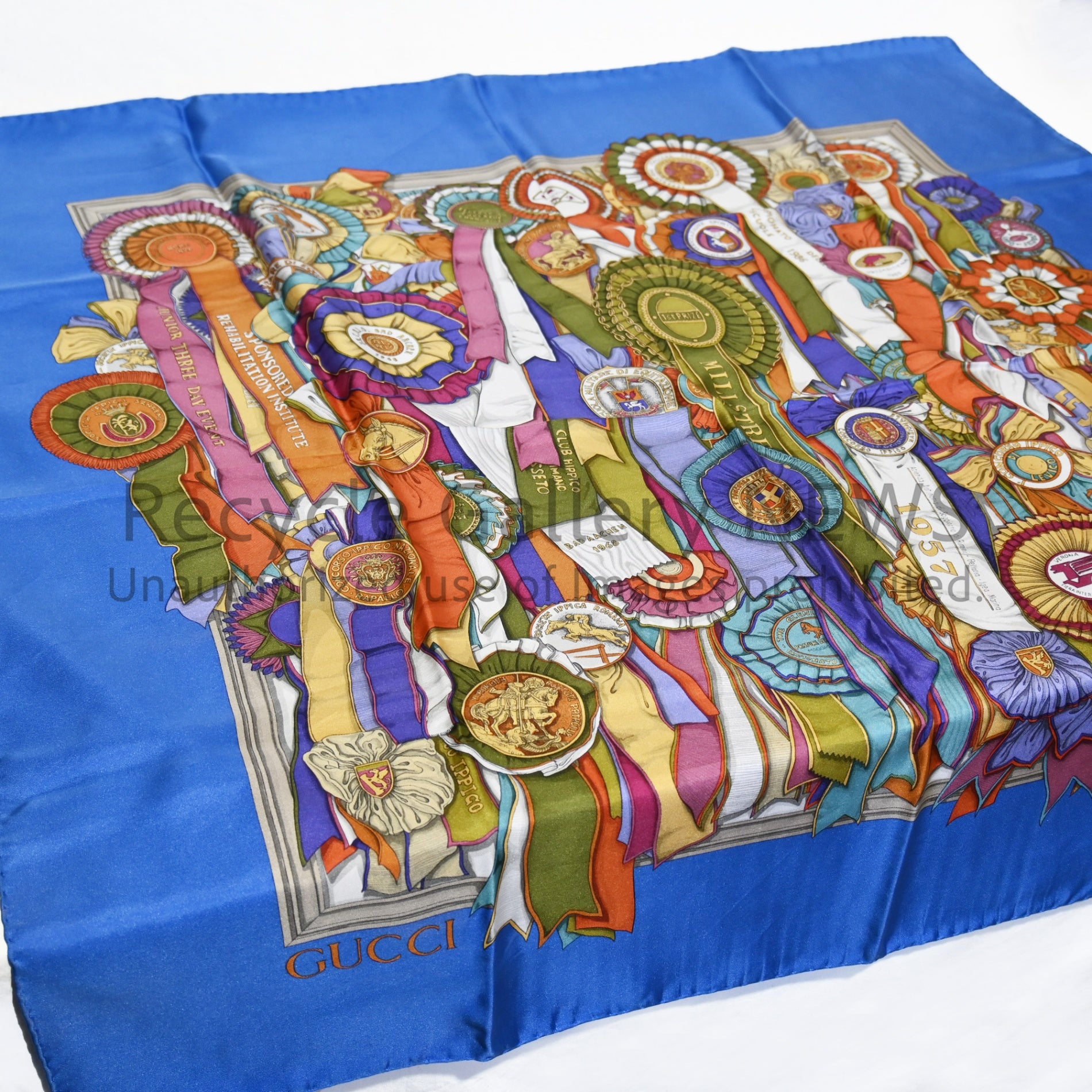 GUCCI Large Scarf Rosette Pattern Silk Medal Ribbon Blue Vintage Gucci / グッチ 大判スカーフ ロゼット柄 シルク 勲章 リボン 青 オールドグッチ