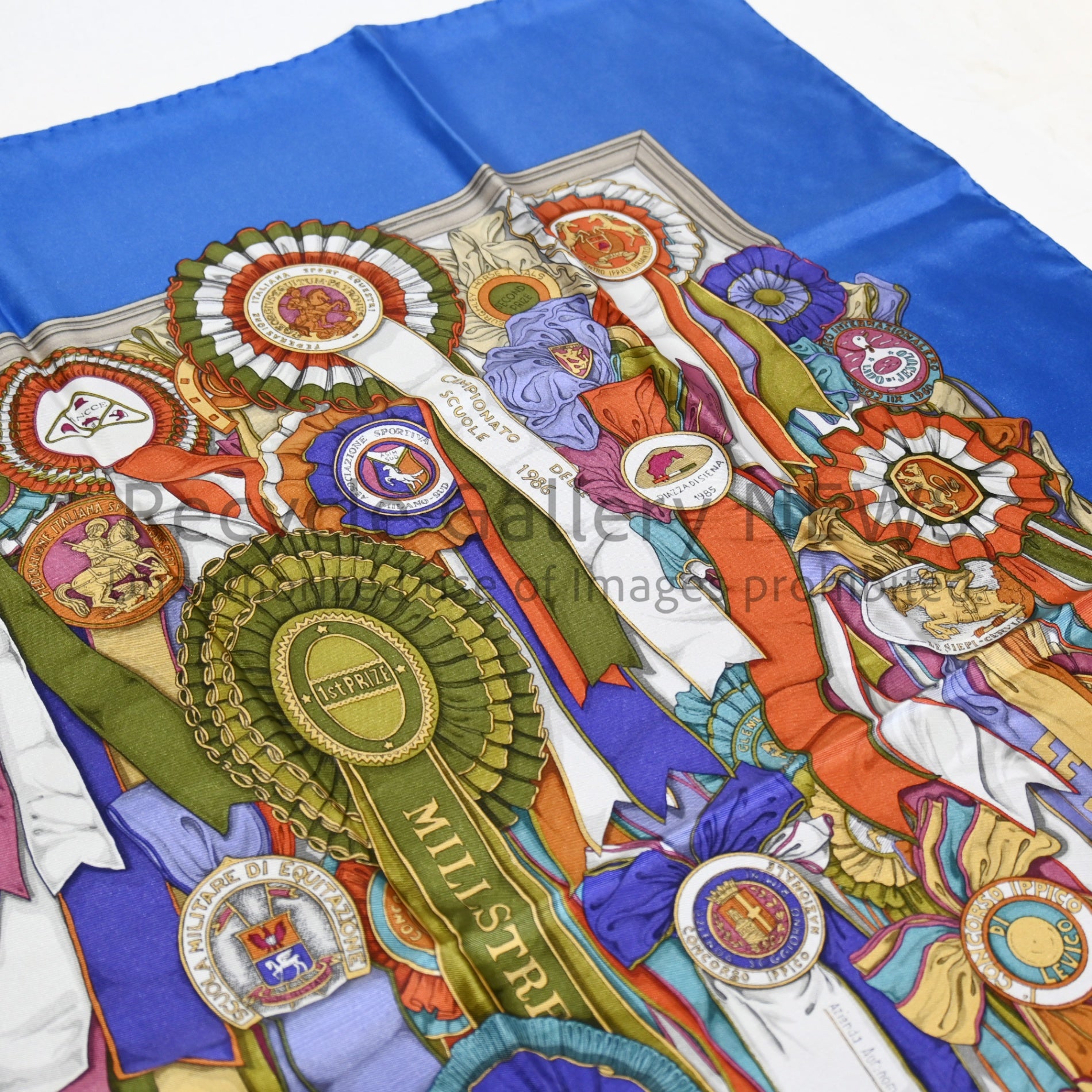 GUCCI Large Scarf Rosette Pattern Silk Medal Ribbon Blue Vintage Gucci / グッチ 大判スカーフ ロゼット柄 シルク 勲章 リボン 青 オールドグッチ