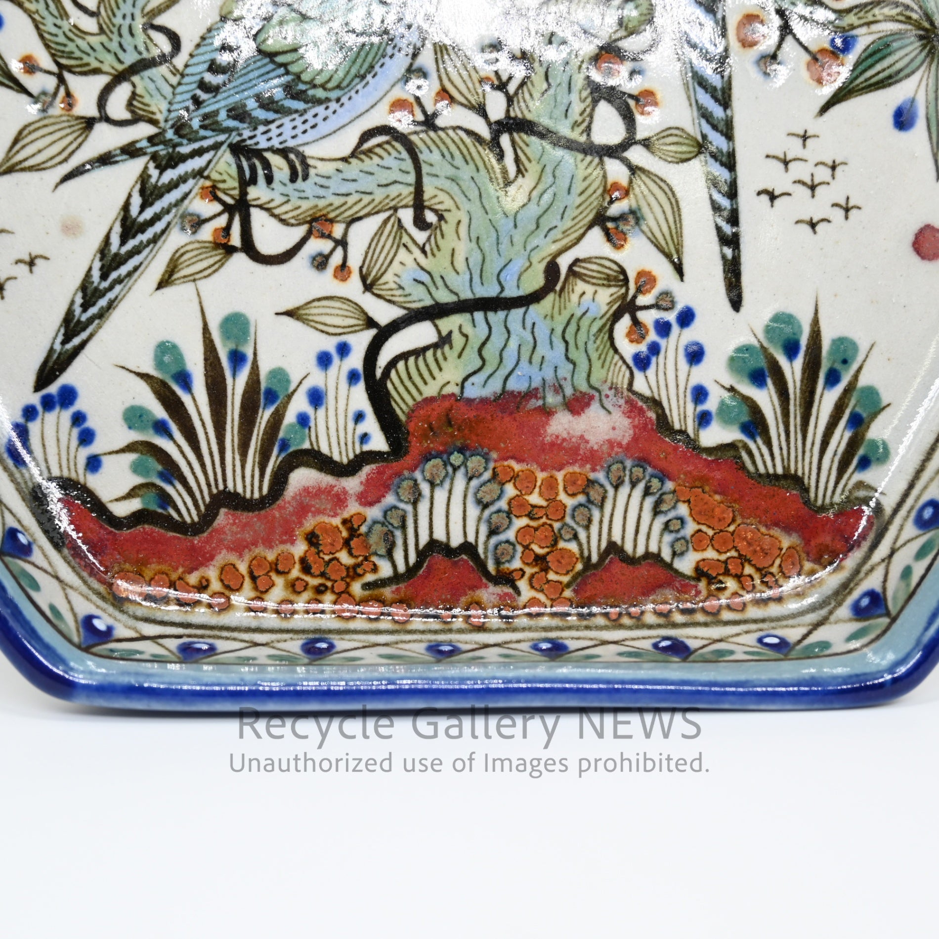 Ken Edwards Mexican Pottery Tonala Ware Blue Hexagonal Plate Bird Motif / ケン・エドワーズ メキシコ陶芸 トナラ焼き 六角形プレート 鳥モチーフ 青