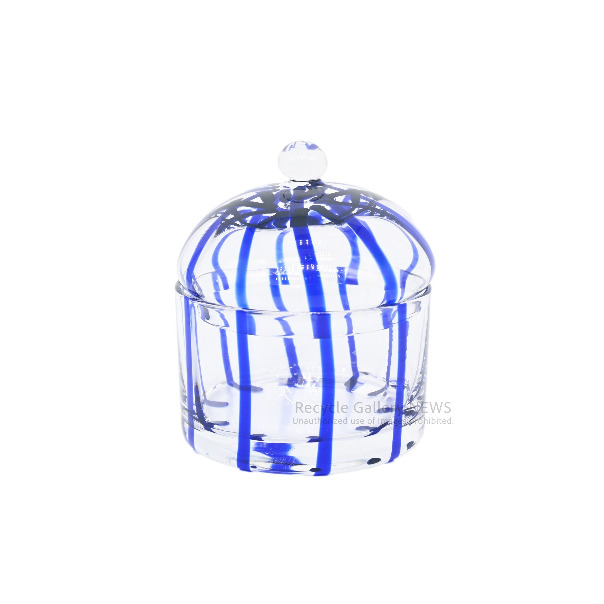 Handcrafted Blue Stripe Glass Candy Pot Trinket Box / ガラス工芸品 ストライプ キャンディポット 小物入れ 青 クリア