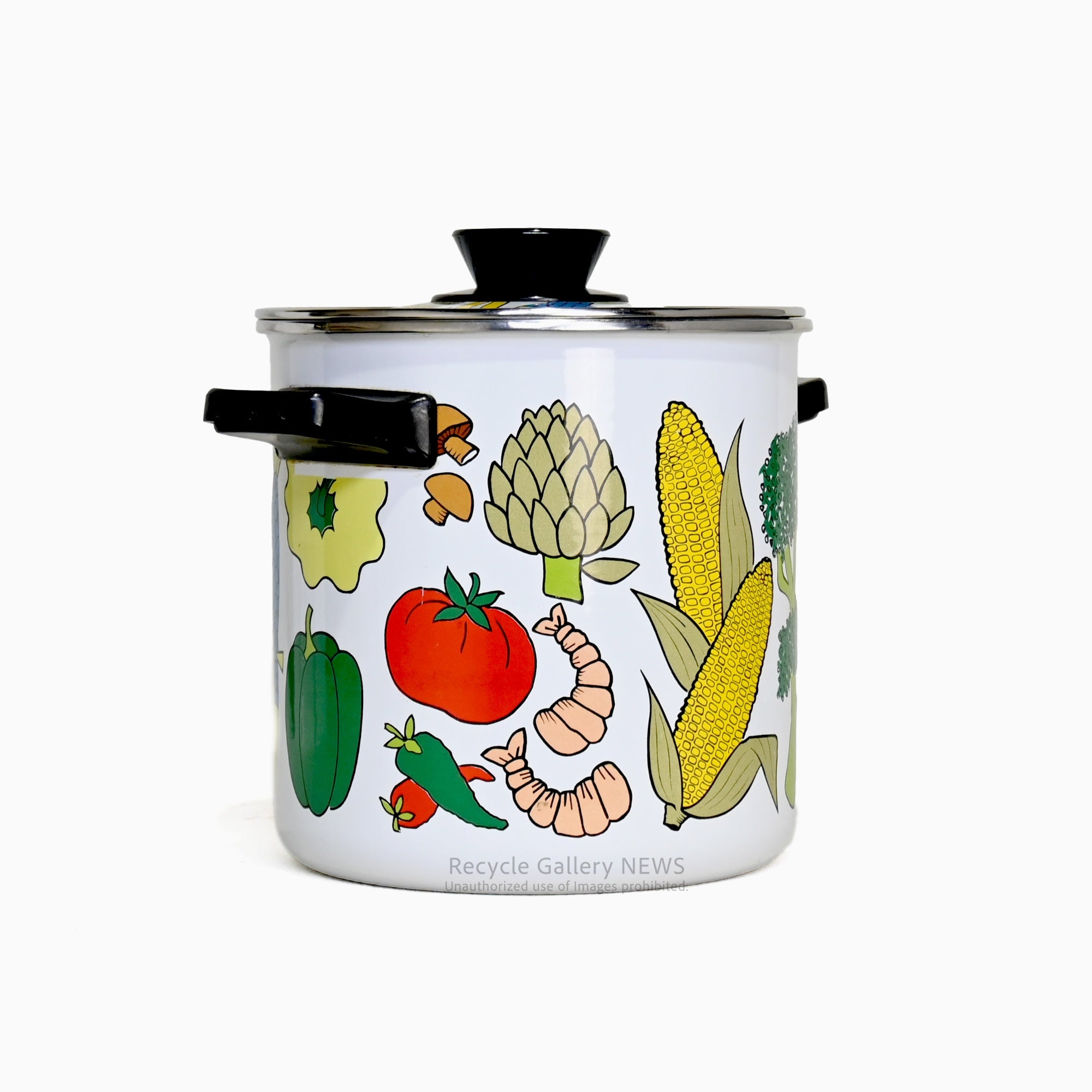 1960s American vintage enamel pot White with food design / 1960年代 アメリカ ヴィンテージ ホーロー鍋 ホワイト 食材デザイン
